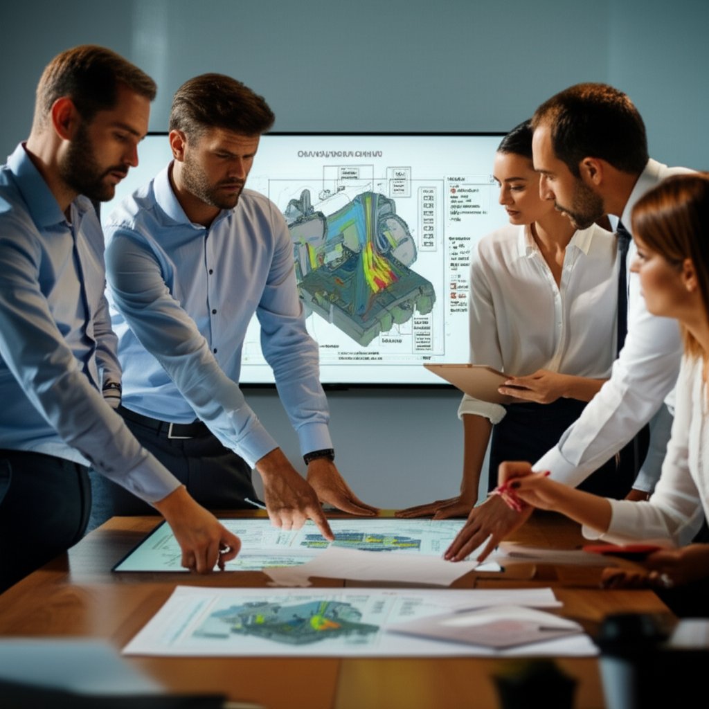 engineering team evaluating stamping die designs and simulations for automotive projects