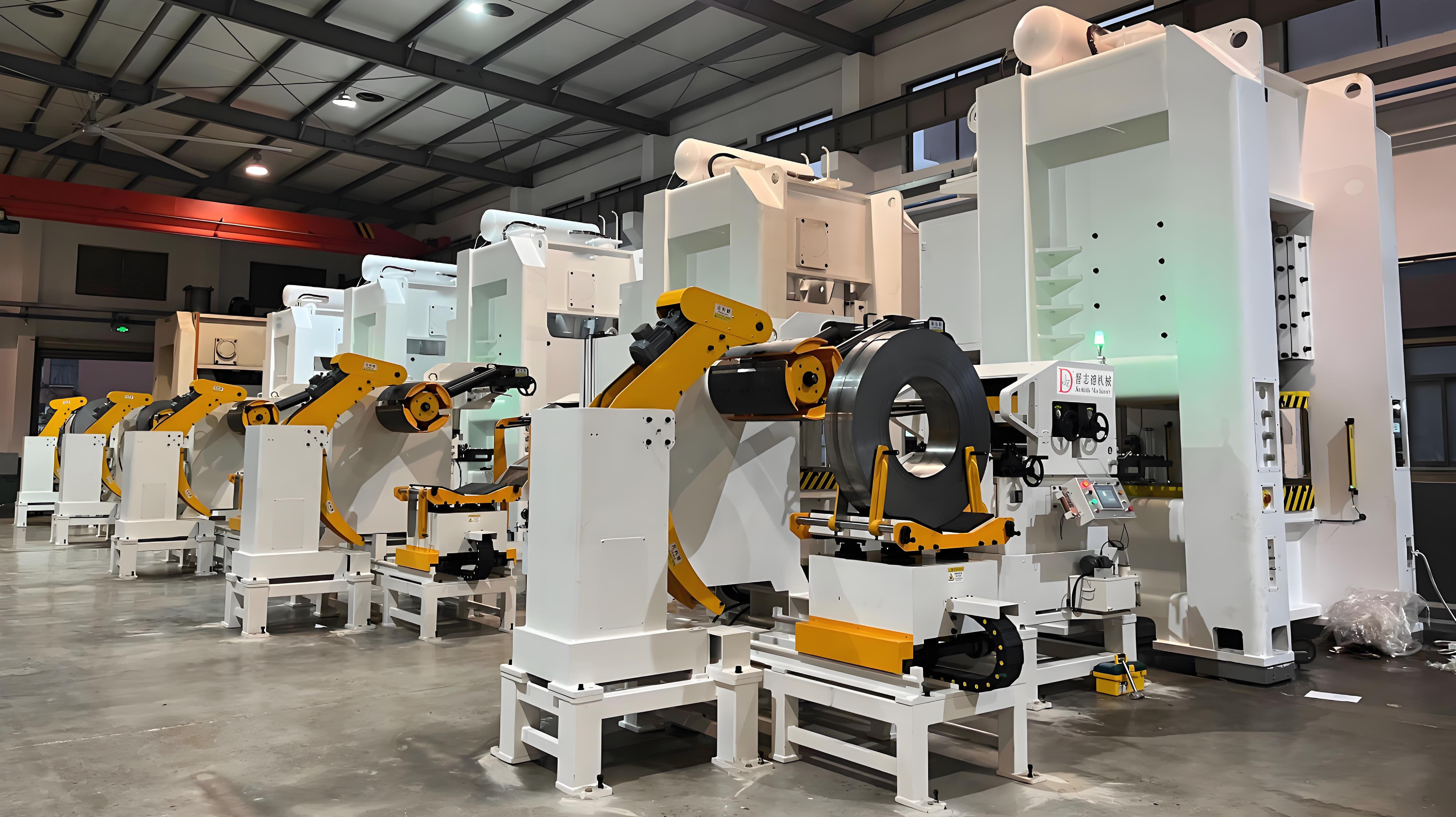 modern sheet metal stamping line with presses and dies in a high efficiency manufacturing environment