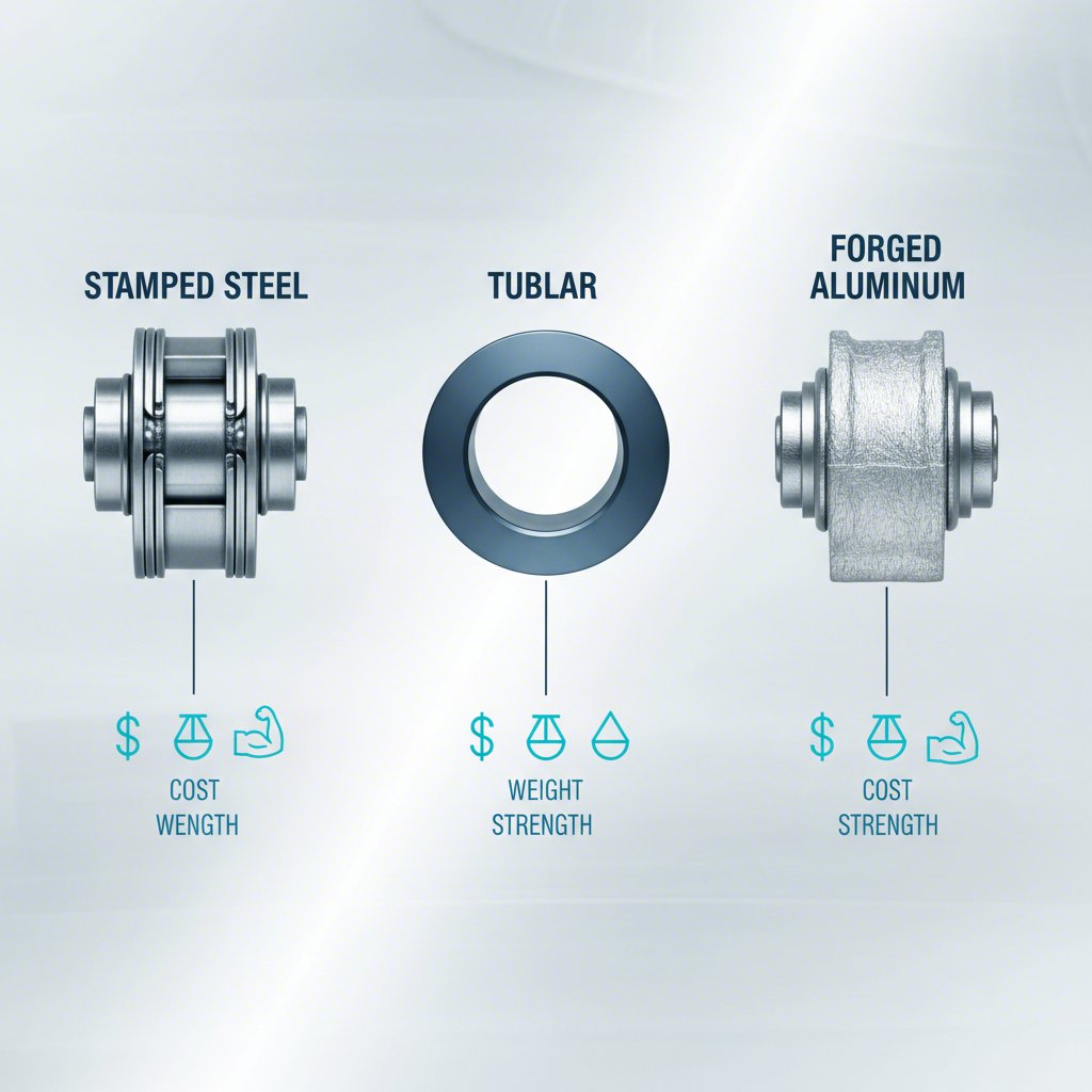 infographic comparing stamped steel tubular and forged control arm materials