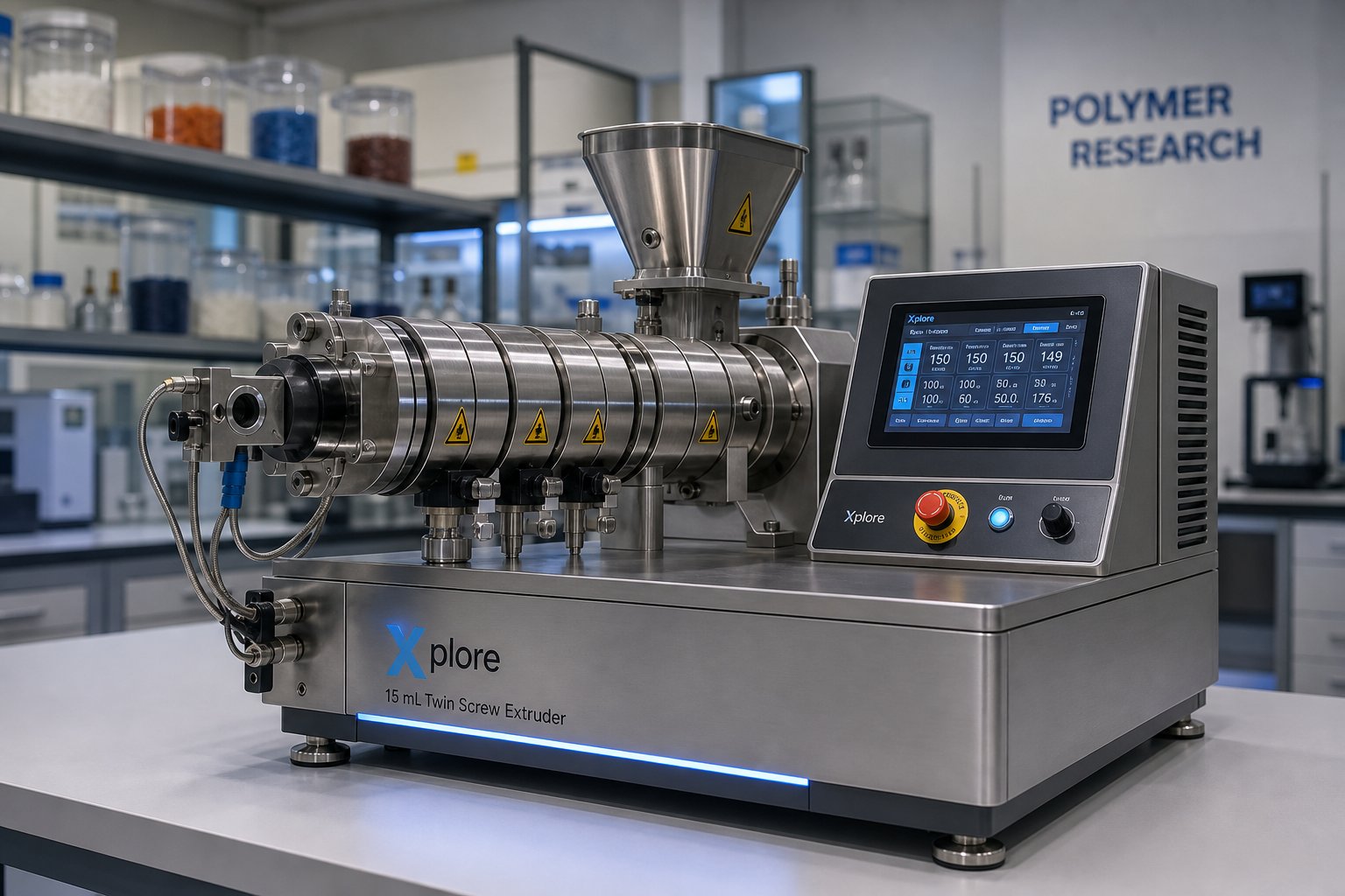 a compact small twin screw extruder configured for laboratory scale formulation development and materials research