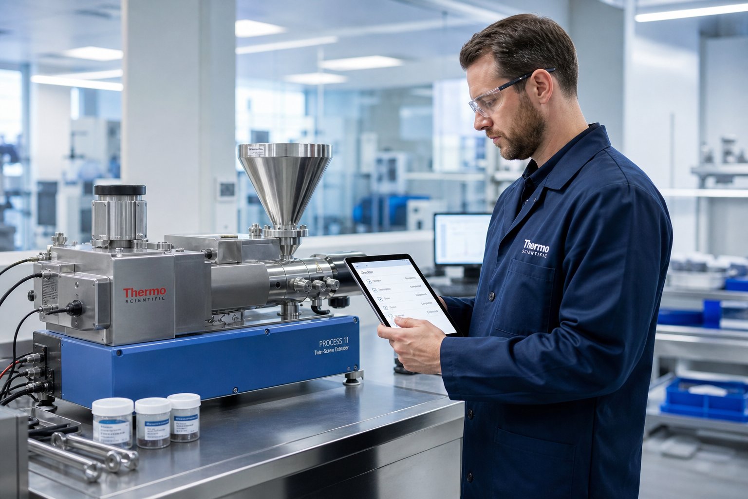 an engineer evaluates key specifications and application requirements before selecting a small twin screw extruder