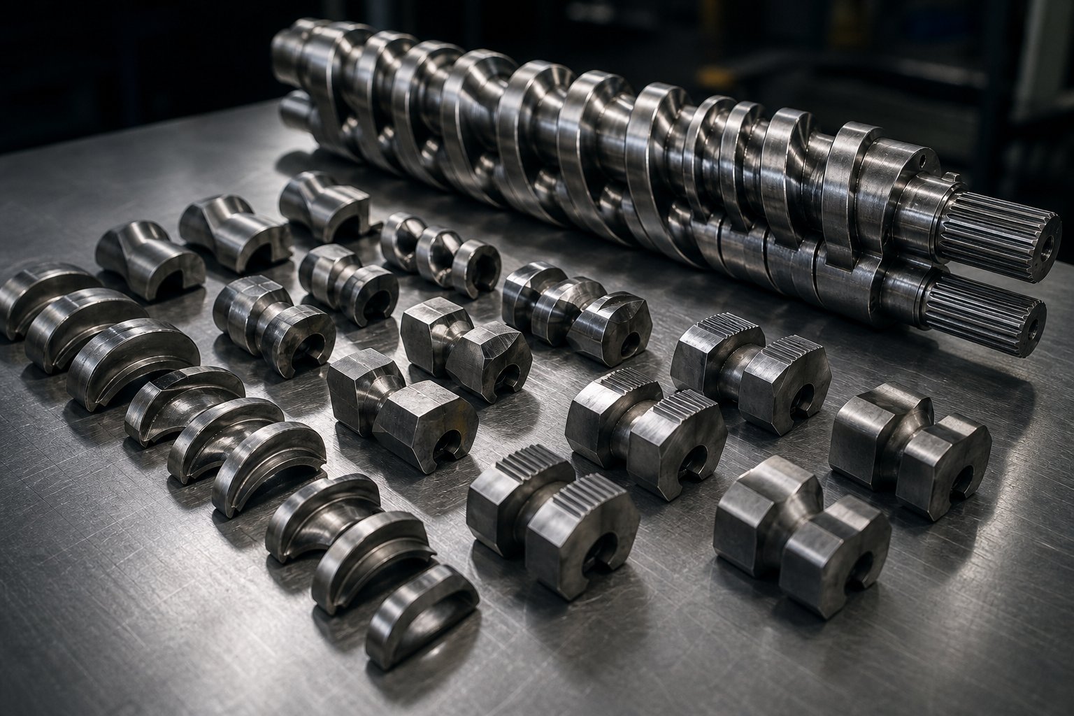 modular screw elements including conveying flights kneading blocks and mixing segments for configuring small twin screw extruders