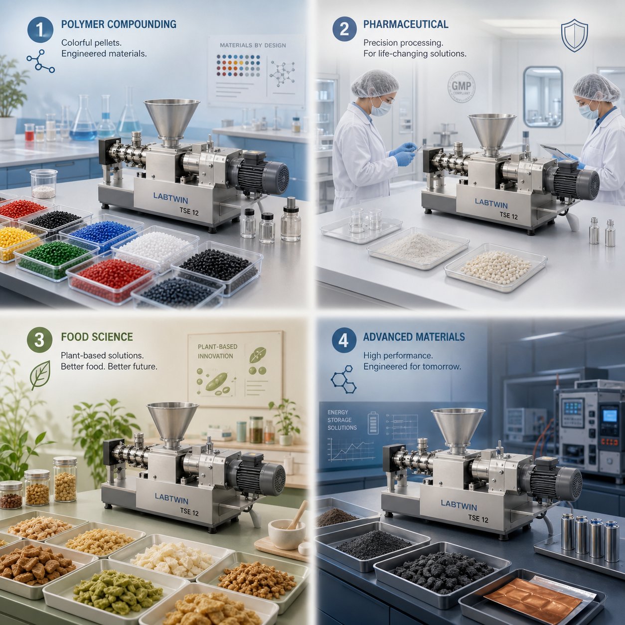 small twin screw extruders serve diverse industries from polymer compounding to pharmaceutical and food science research