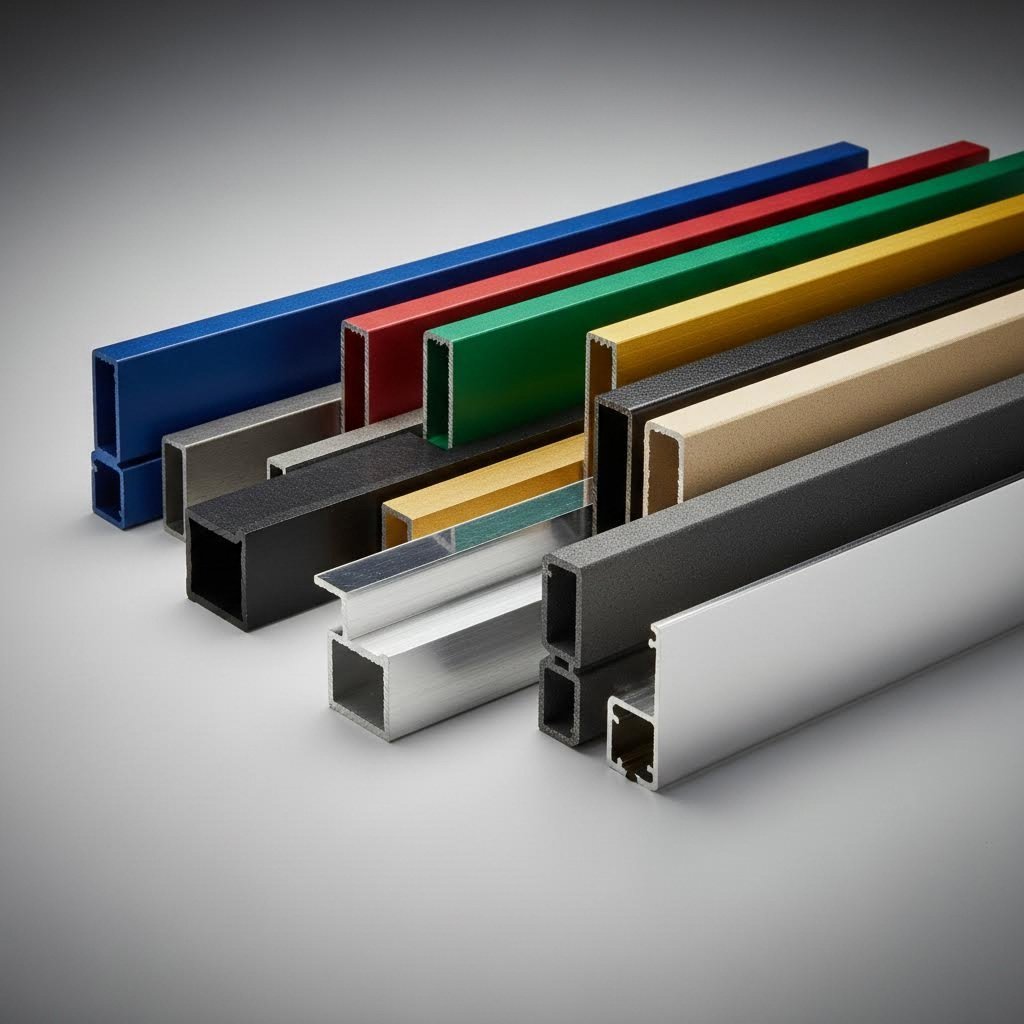 aluminum profiles showcasing various anodized and coated surface finishes