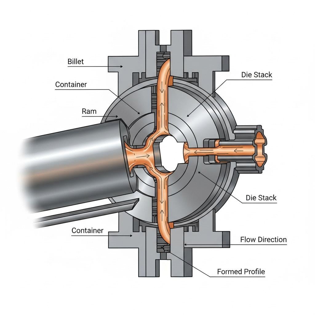 cross section showing aluminum flowing through an extrusion die to form profiles