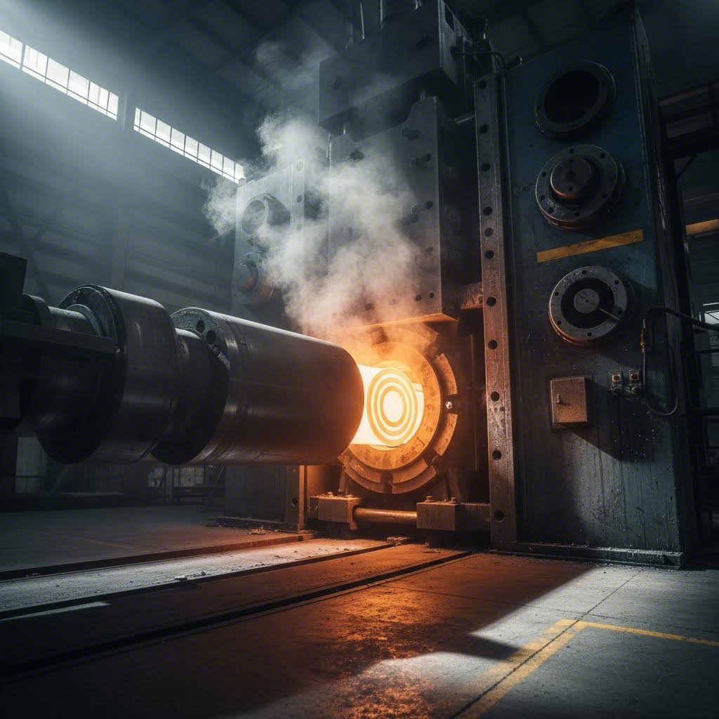 industrial aluminum extrusion press forming precision profiles from heated billets
