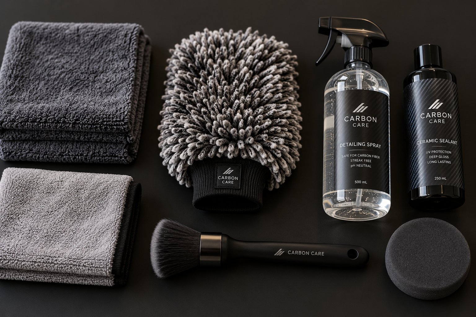 a complete carbon fiber cleaning toolkit organized by function for safe and effective care