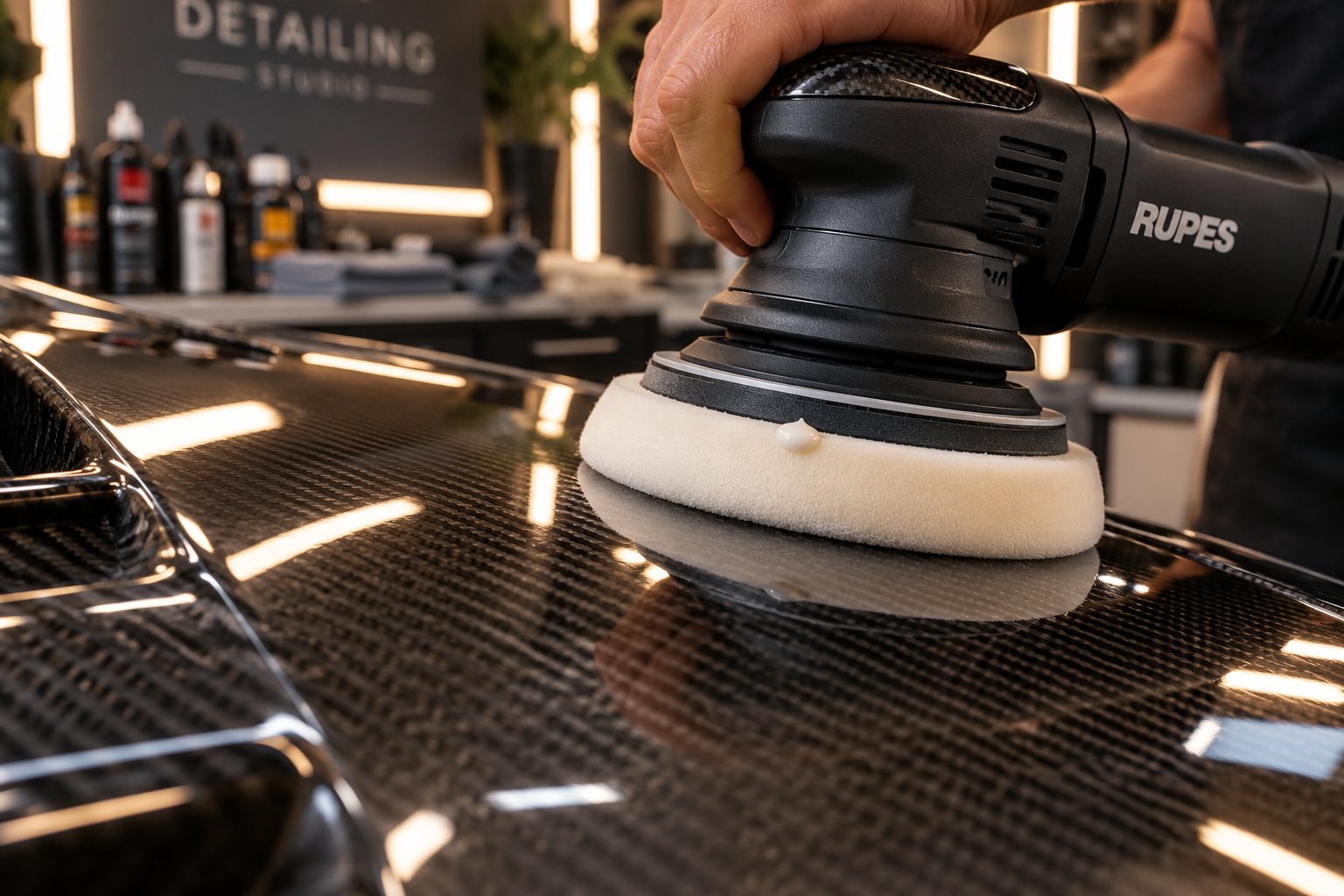 machine polishing carbon fiber requires a dual action polisher at low speed with a soft finishing pad