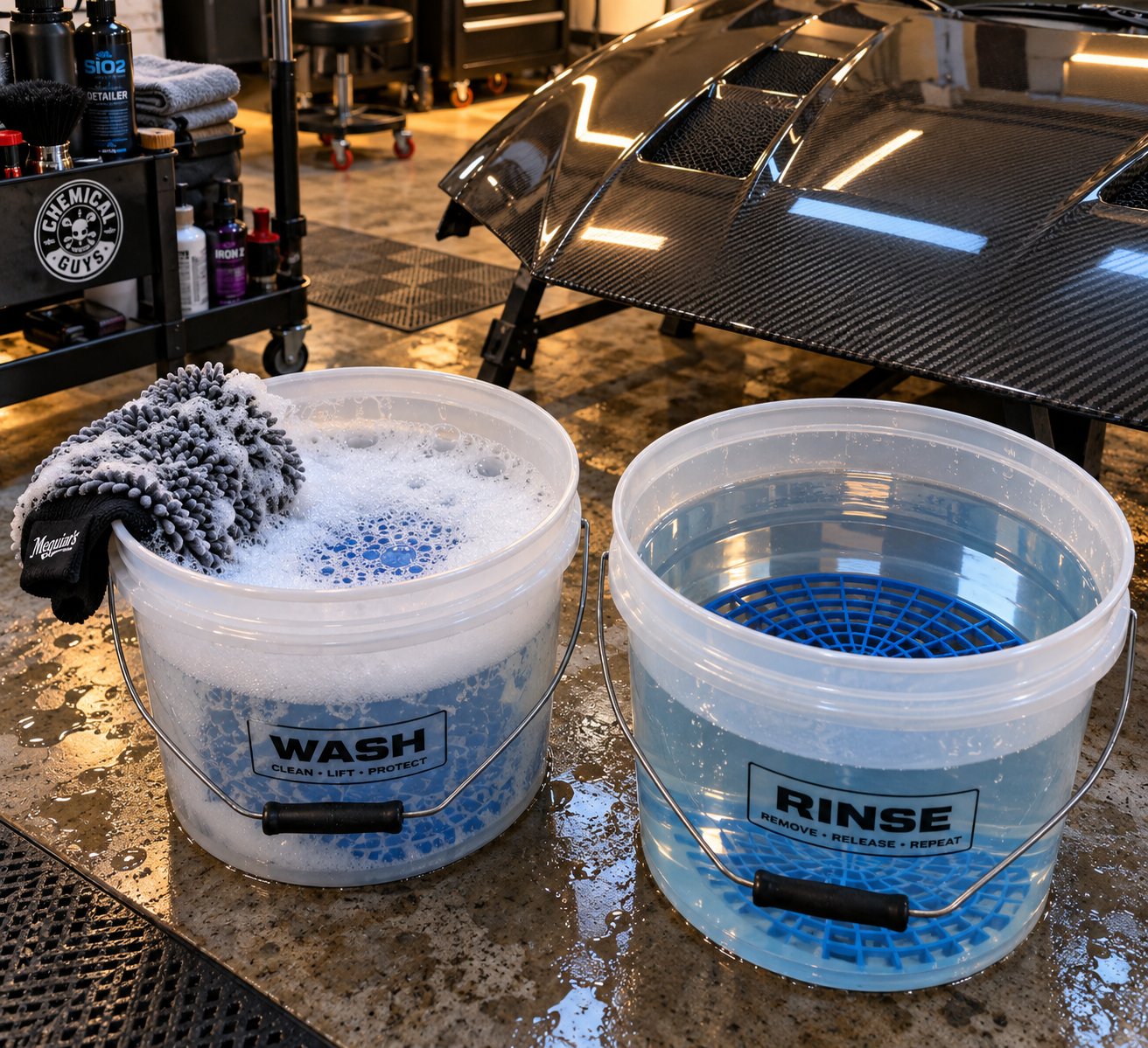 the two bucket wash method prevents grit from scratching carbon fiber during cleaning