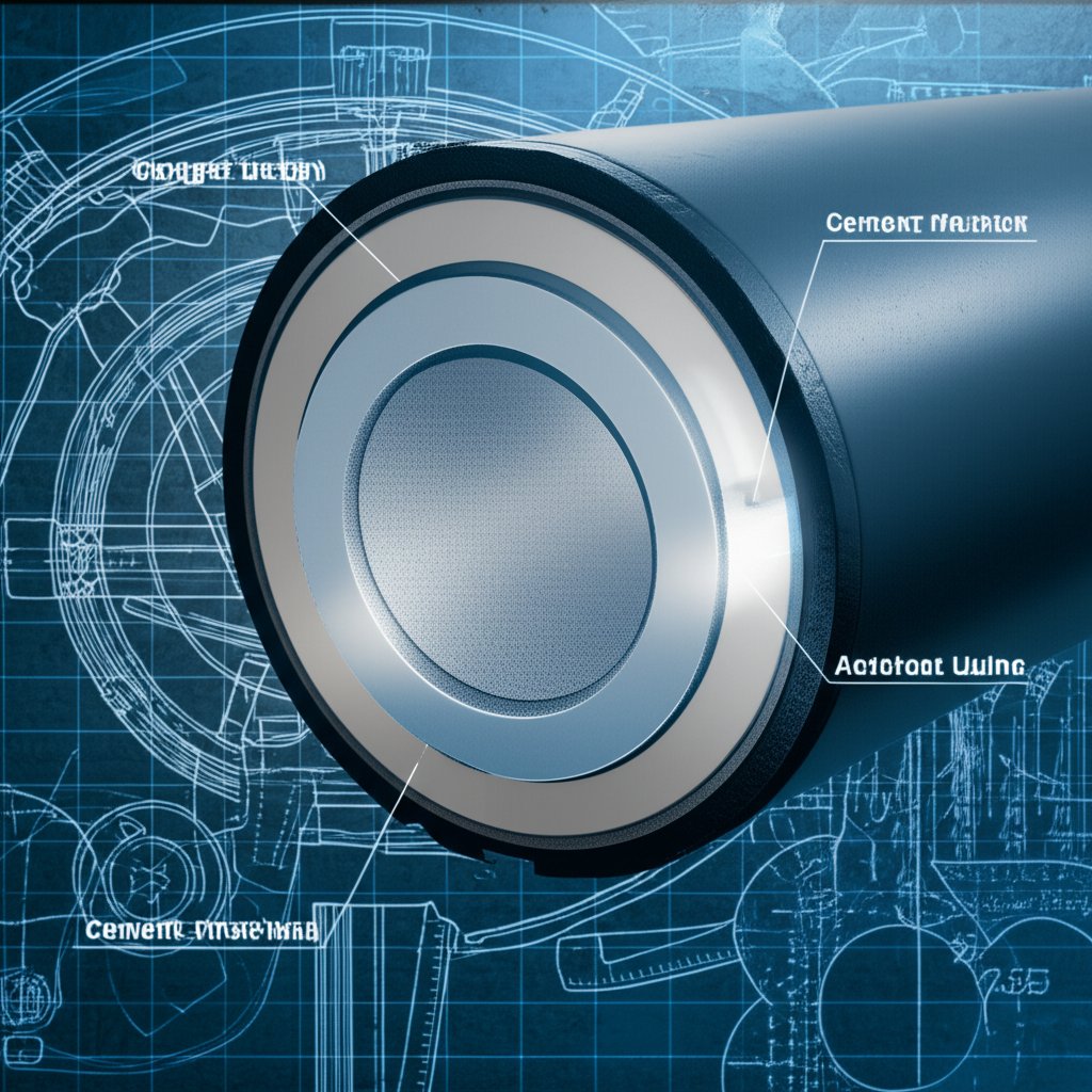 a technical diagram illustrating the layered construction and protective coatings of a standard ductile iron pipe