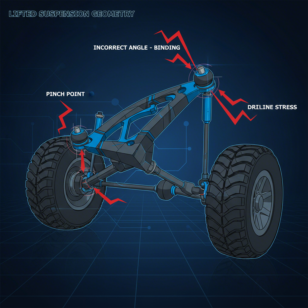 diagram showing ball joint angle stress on a lifted truck with stock control arms