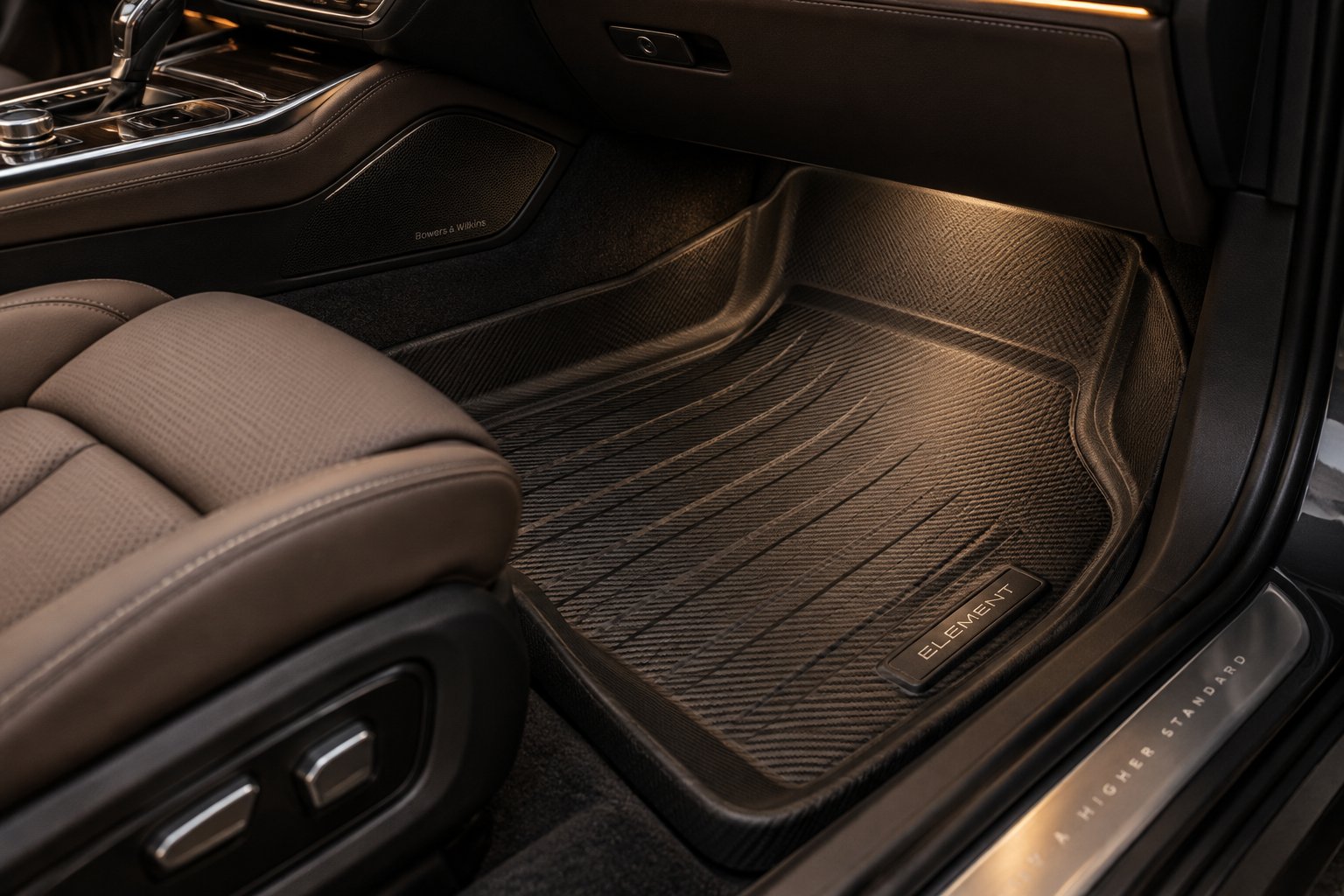 carbon fiber textured all weather liner blending protection with luxury cabin aesthetics
