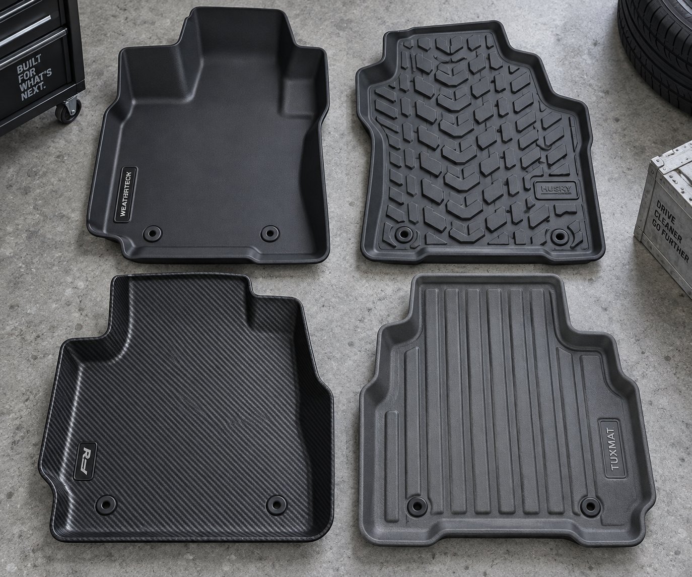 different floor liner materials and textures compared side by side