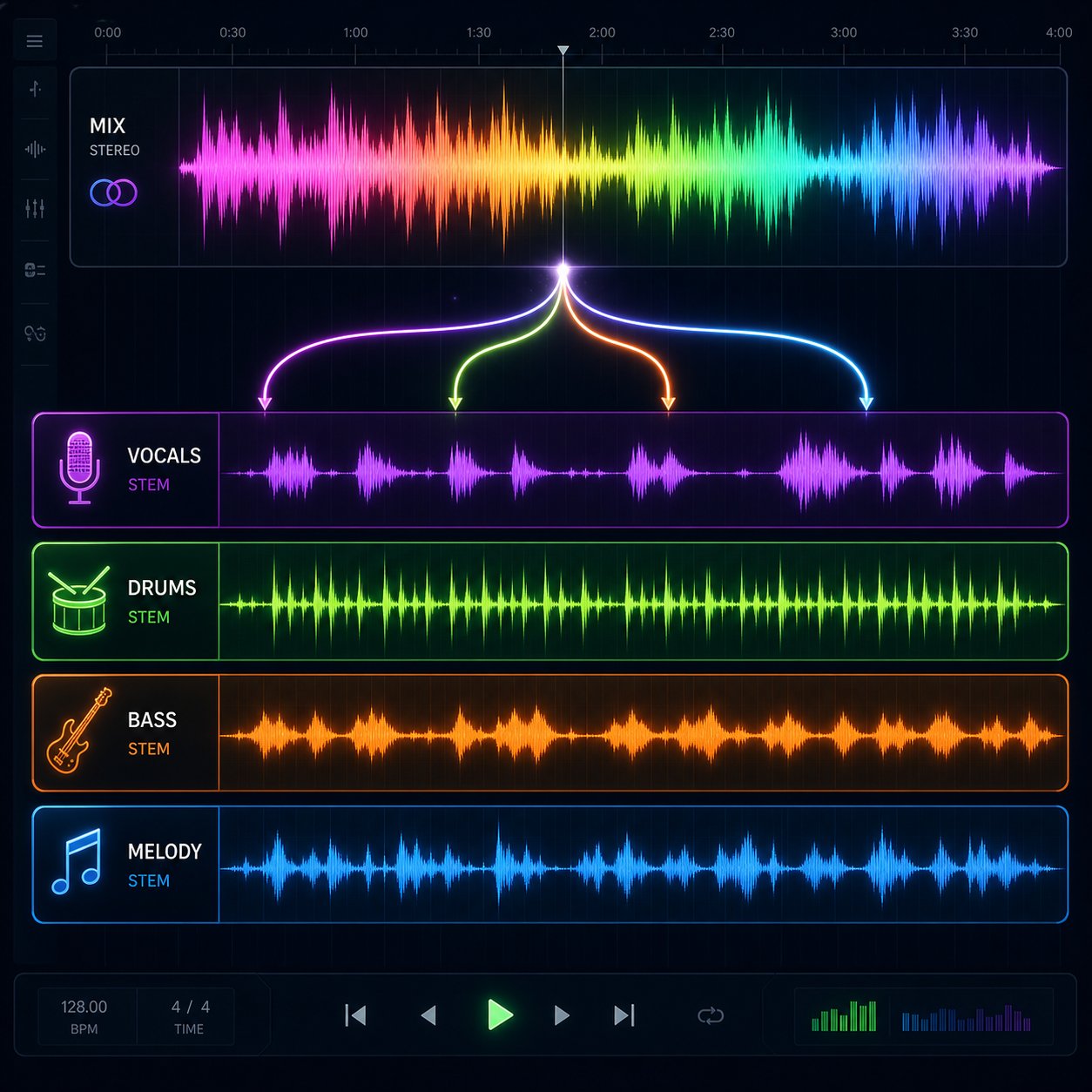 ai stem separation isolates vocals drums bass and melody from a single mix for precise editing and remixing