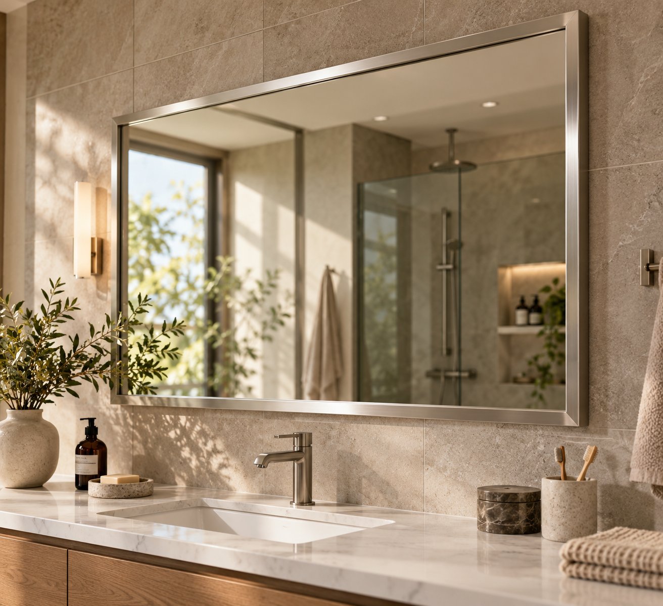 sleek aluminum mirror frame extrusions create a modern polished bathroom aesthetic