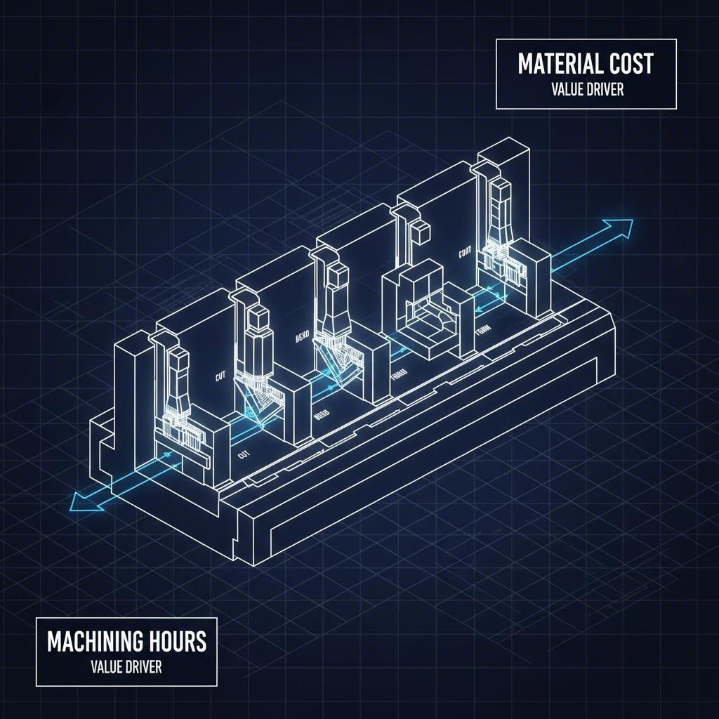 Technical breakdown of a progressive die showing key cost components like machining and materials