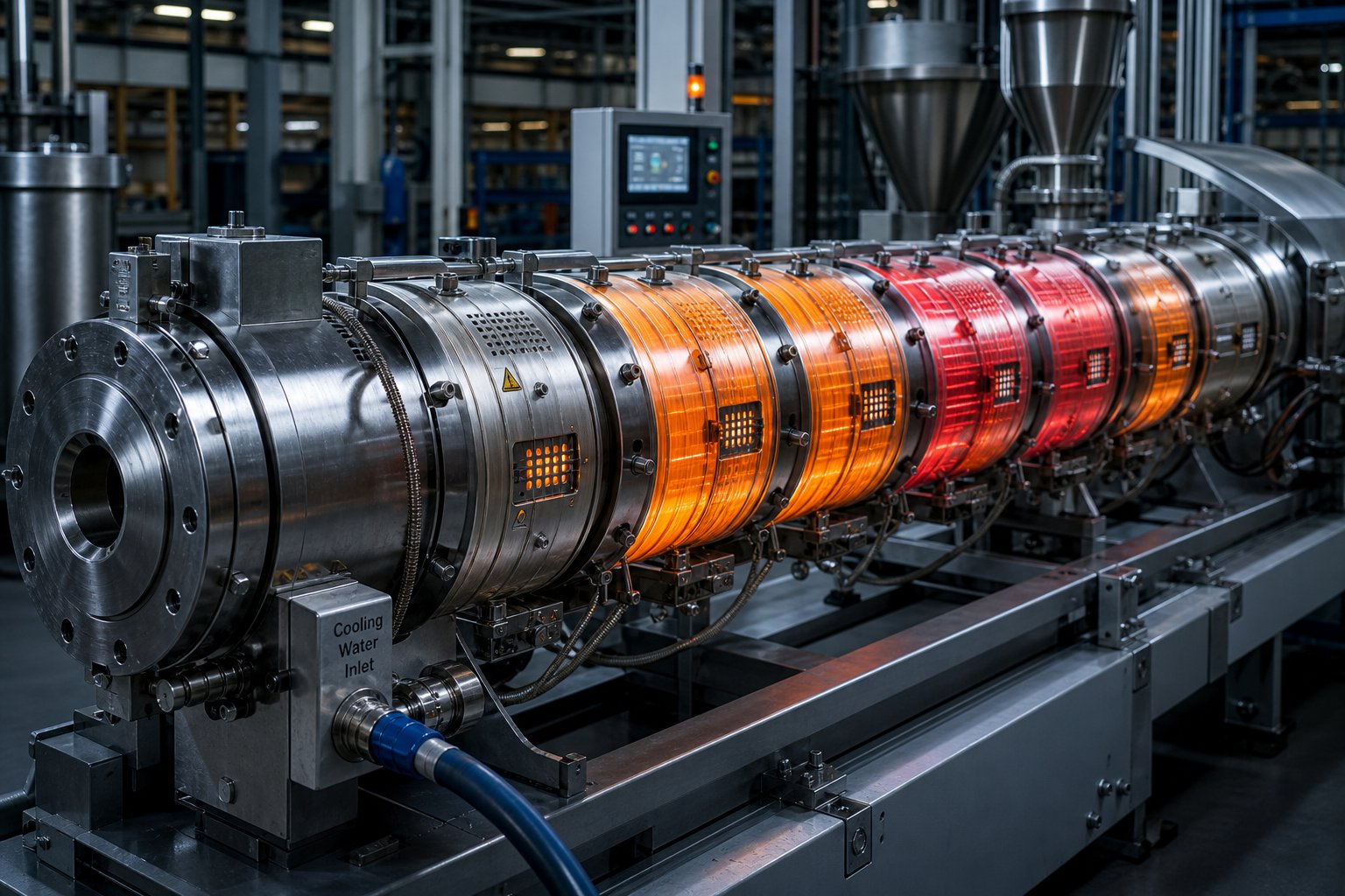 extruder barrel with segmented heater bands showing independent temperature control zones