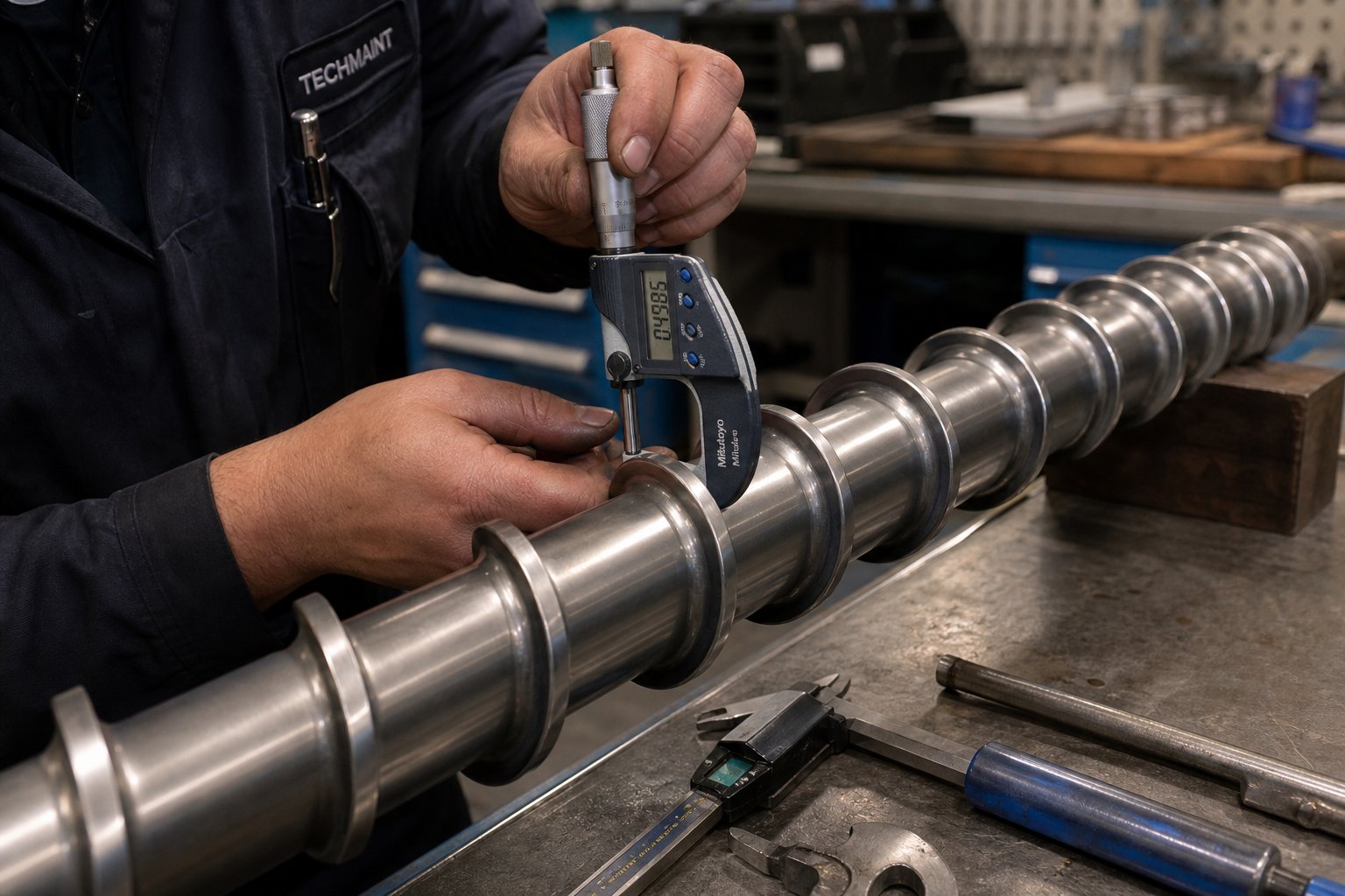 technician measuring extruder screw flight diameter during preventive maintenance inspection