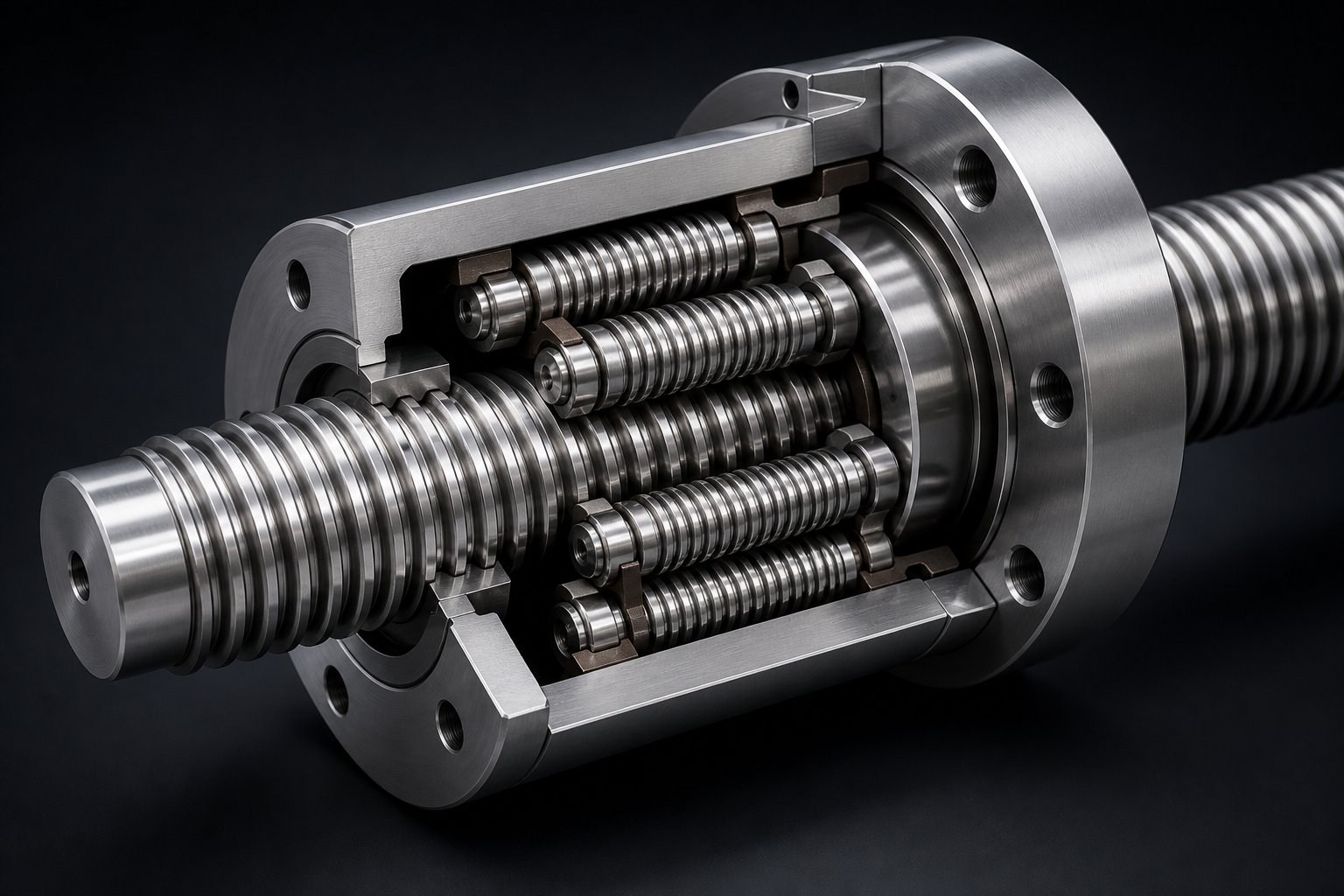 cutaway view of a planetary roller screw showing threaded rollers orbiting the central screw shaft inside the nut