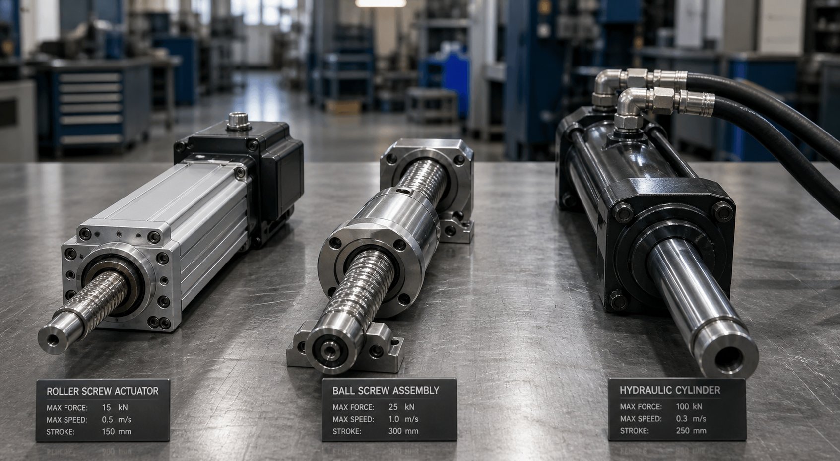 planetary roller screw actuator ball screw and hydraulic cylinder compared side by side for scale and complexity