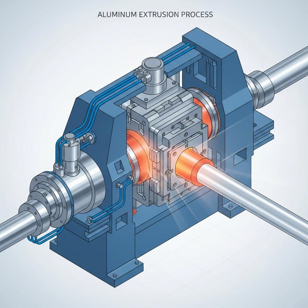 hydraulic extrusion press forces heated aluminum through precision dies to create uniform profiles