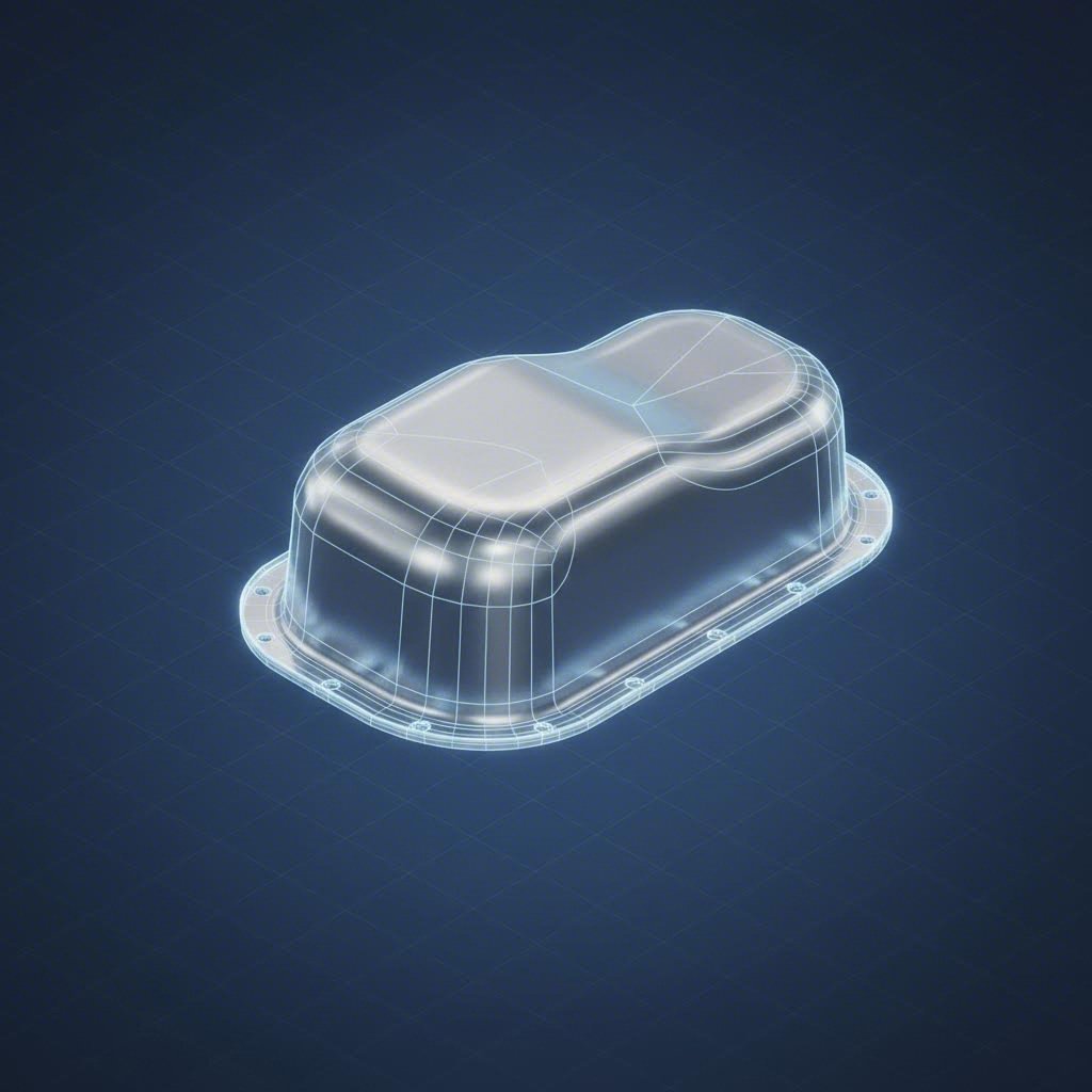 3D isometric view of a seamless deep drawn steel oil pan showing reservoir depth and flange details