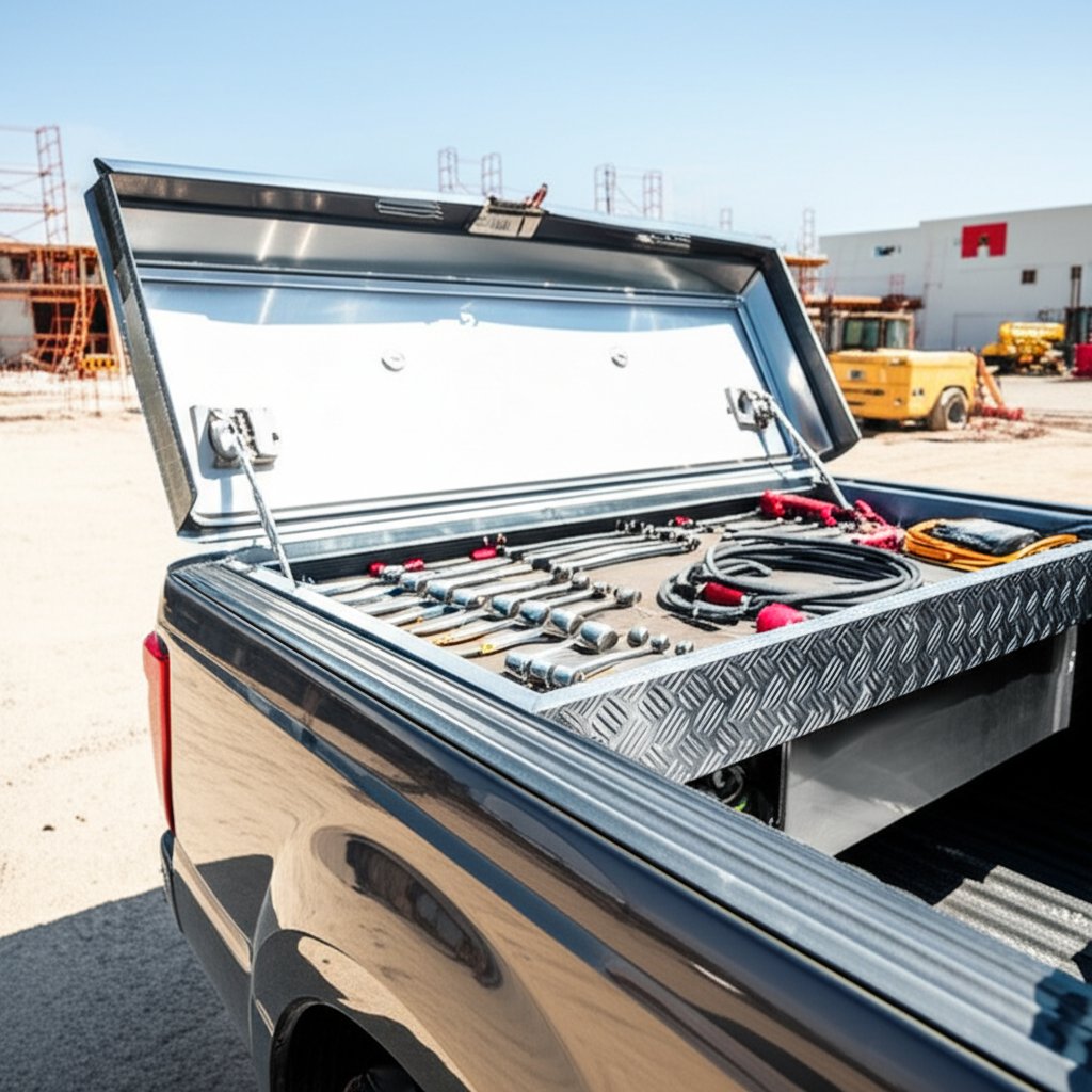 premium aluminum crossover saddle tool box in use on a contractor's truck