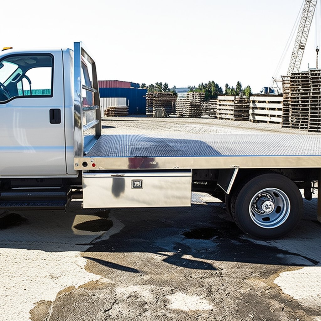 underbody aluminum tool box mounted on a flatbed truck for secure side storage