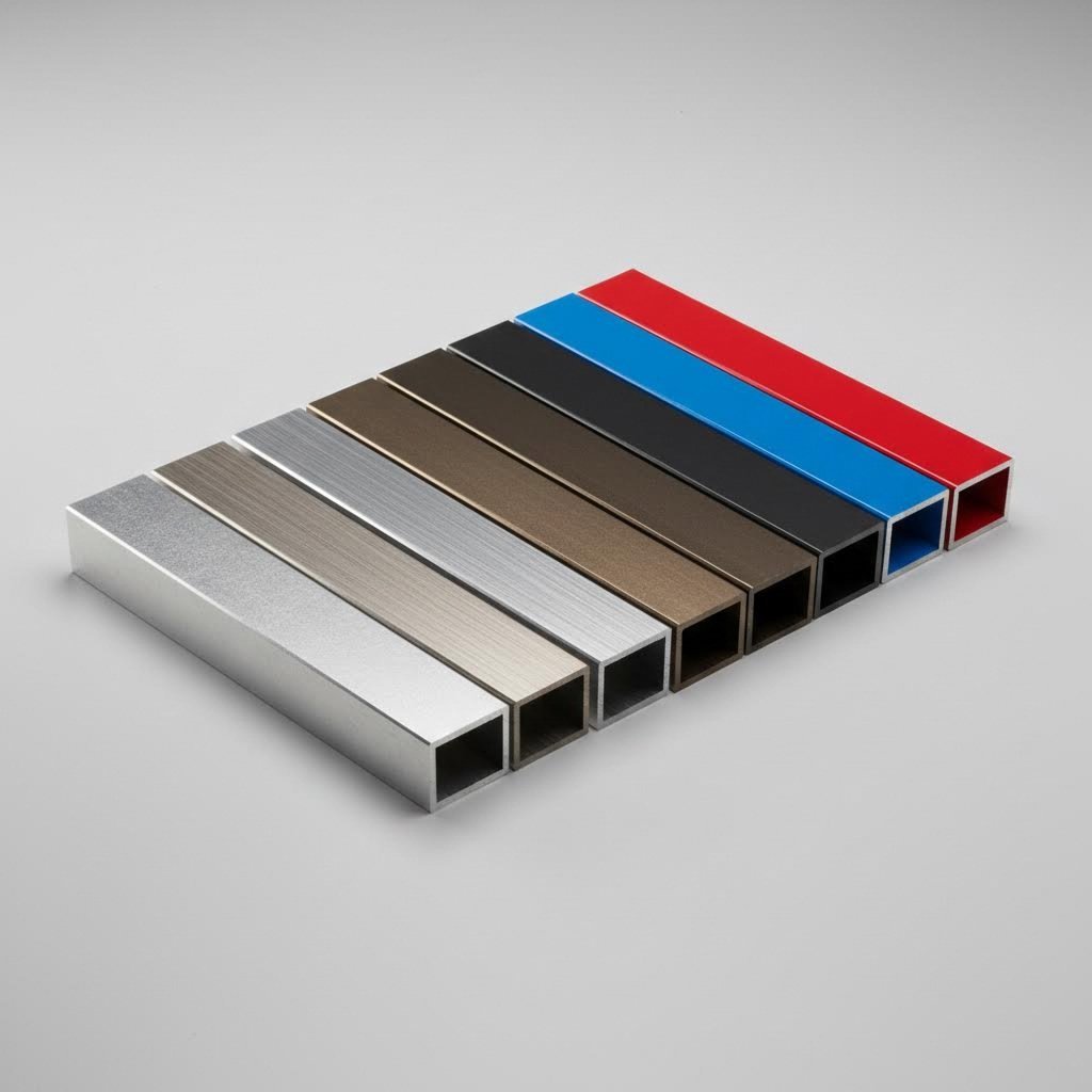 aluminum extrusion samples showing finish options from mill to premium coatings