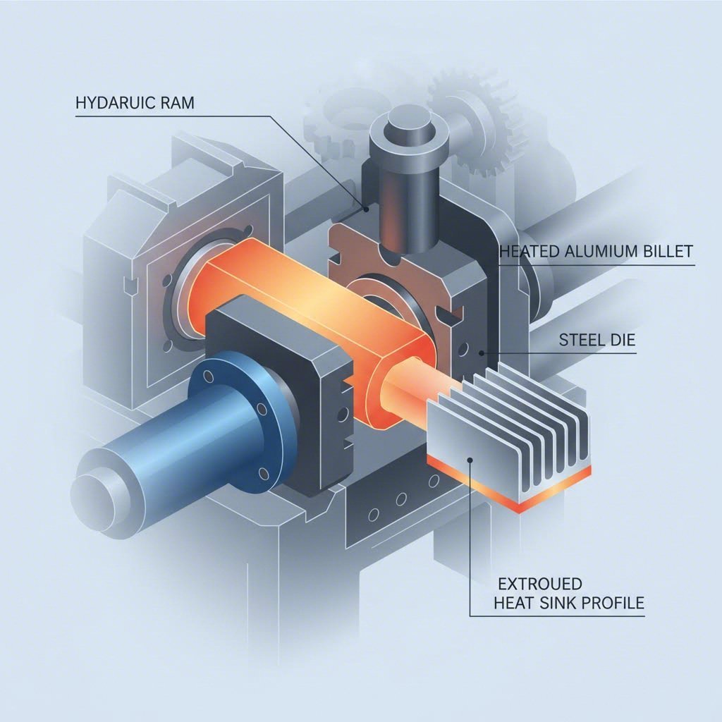 cross section view of aluminum billet being extruded through a precision die to form heat sink profiles