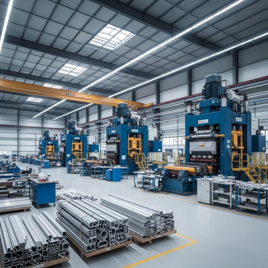 modern aluminum extrusion facility with multiple press capacities for diverse heat sink production requirements