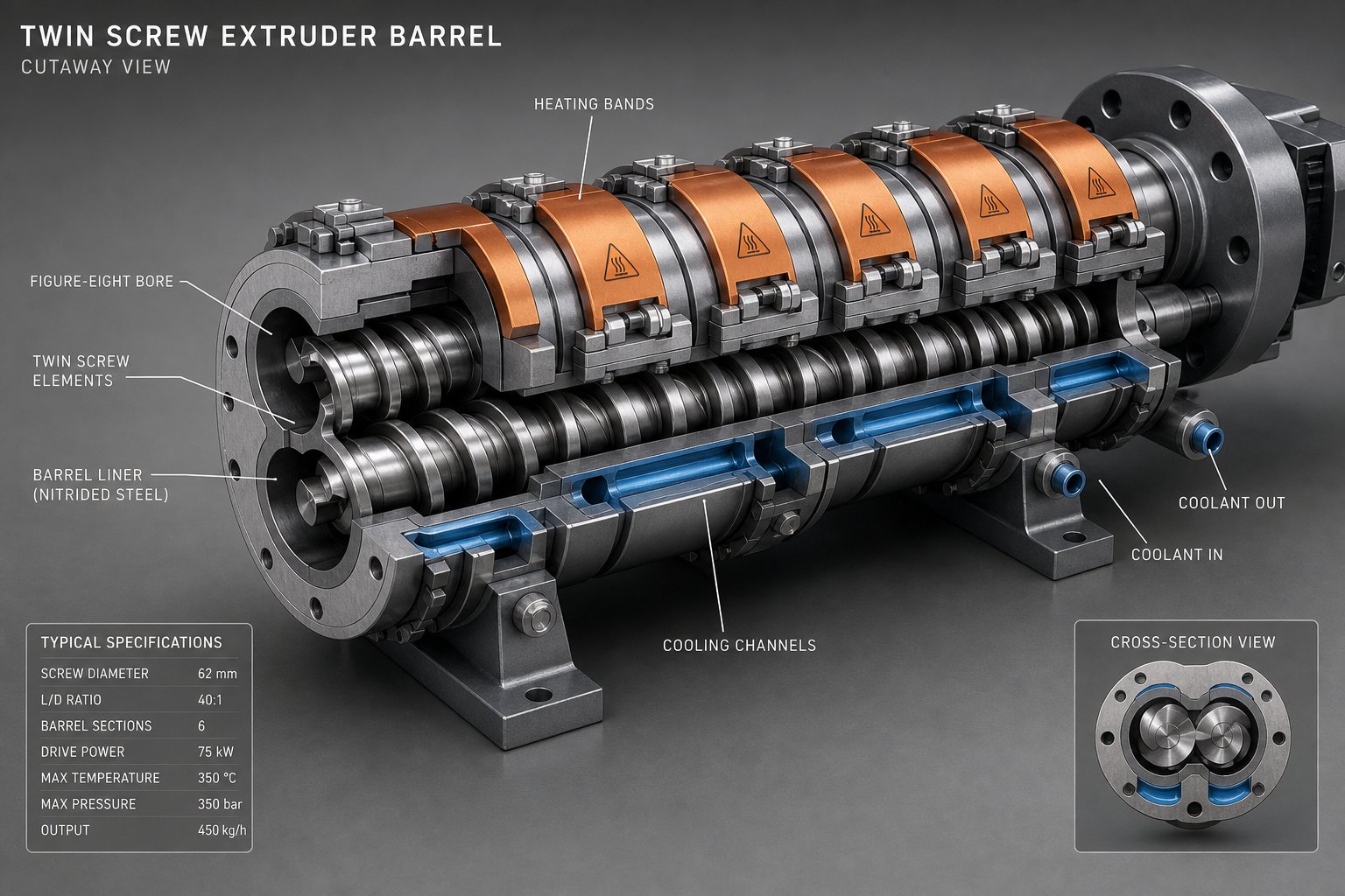 cutaway view of segmented barrel zones showing independent heating and cooling configuration