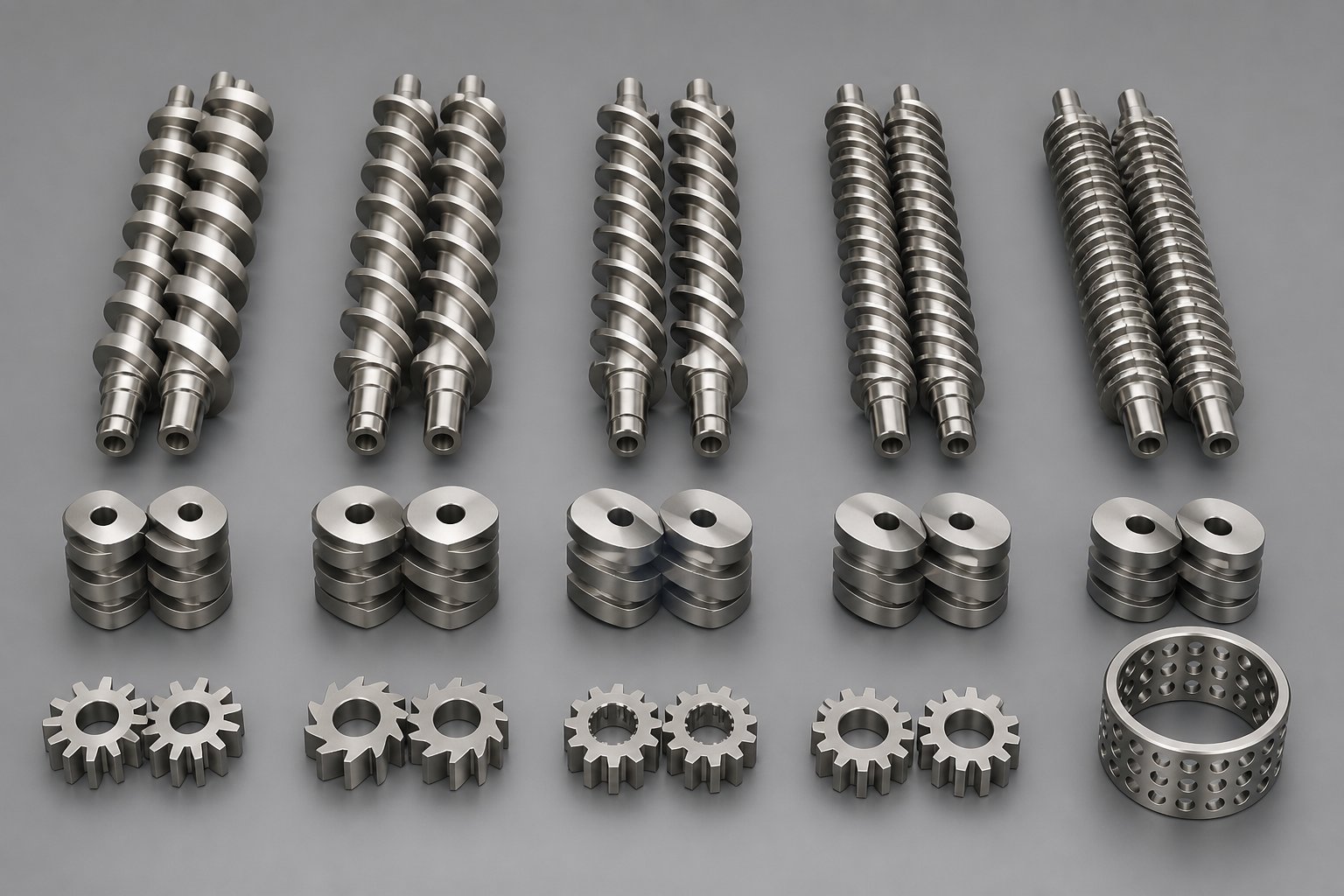 key screw element types used in twin screw extruder profiles from conveying flights to kneading blocks and toothed mixers