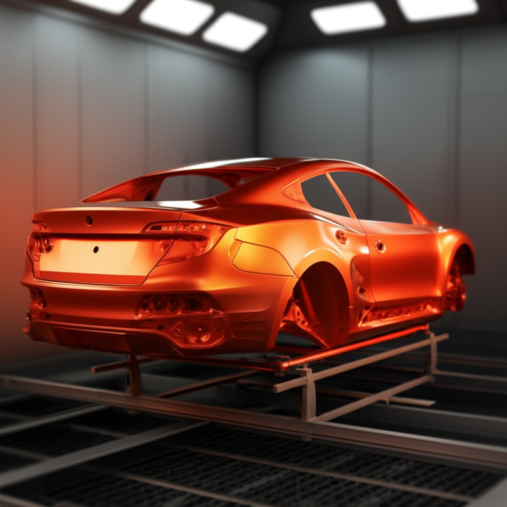 automotive paint booth baking a car body for a glossy durable finish
