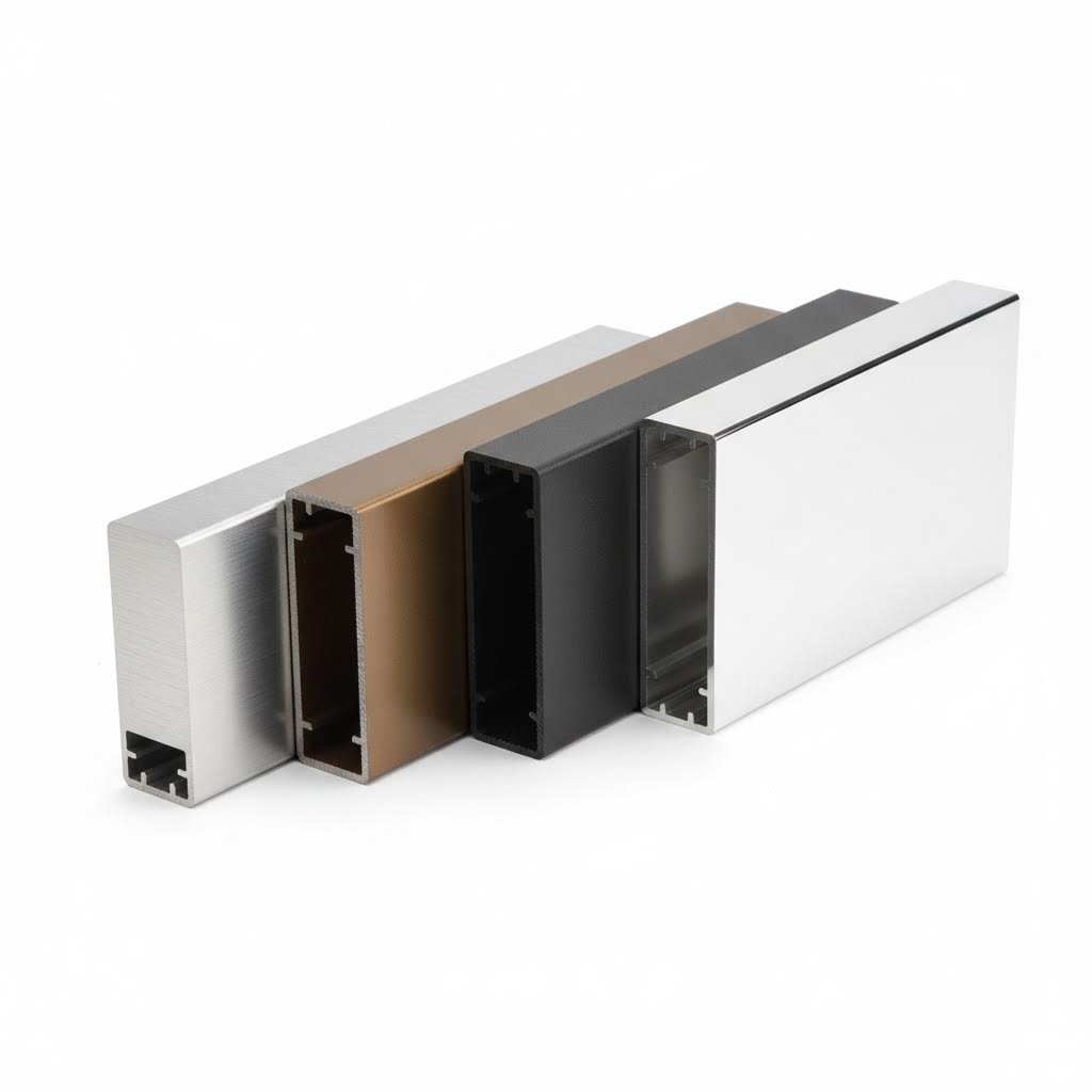 aluminum extrusion profiles displaying various surface finish options from brushed to anodized