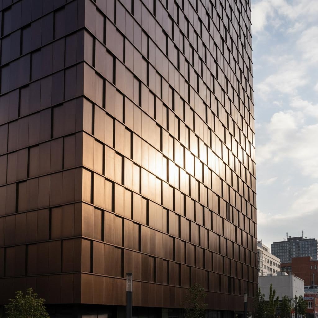 bronze anodized aluminum extrusion panels on a modern architectural facade
