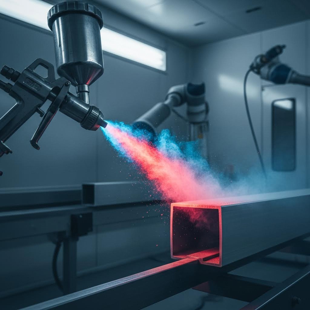 electrostatic powder coating application on an aluminum extrusion profile