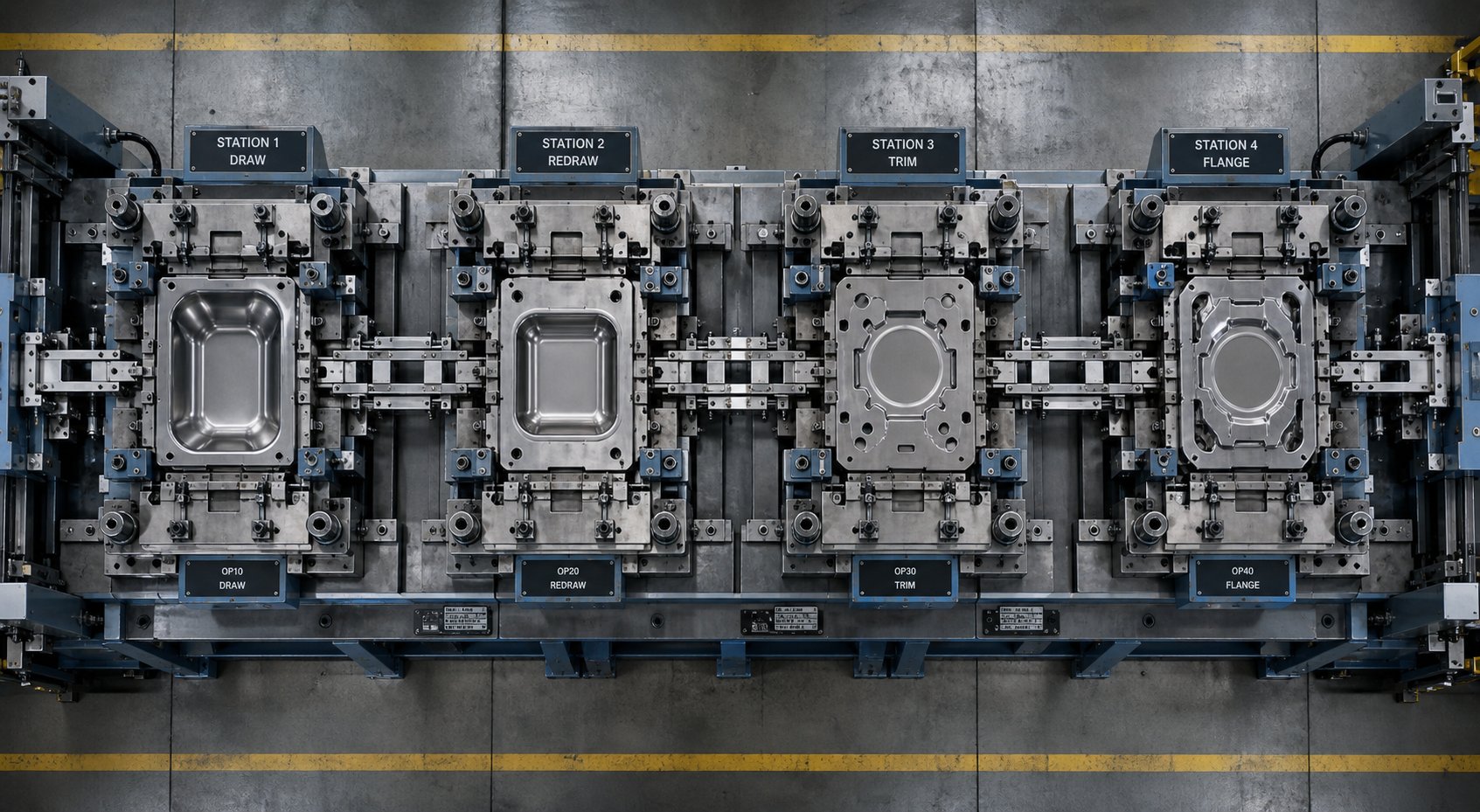 info-1-1 multi station transfer die layout used for full size car wing panel stamping operations
