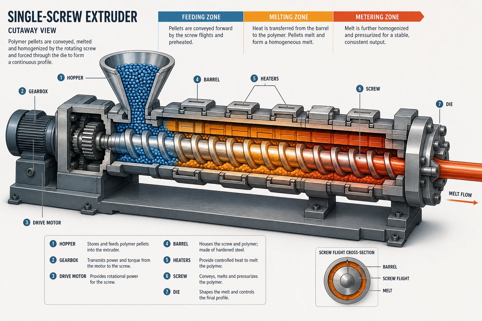 cross section view of an extruder barrel showing the feeding melting and metering zones that transform solid pellets into homogeneous melt