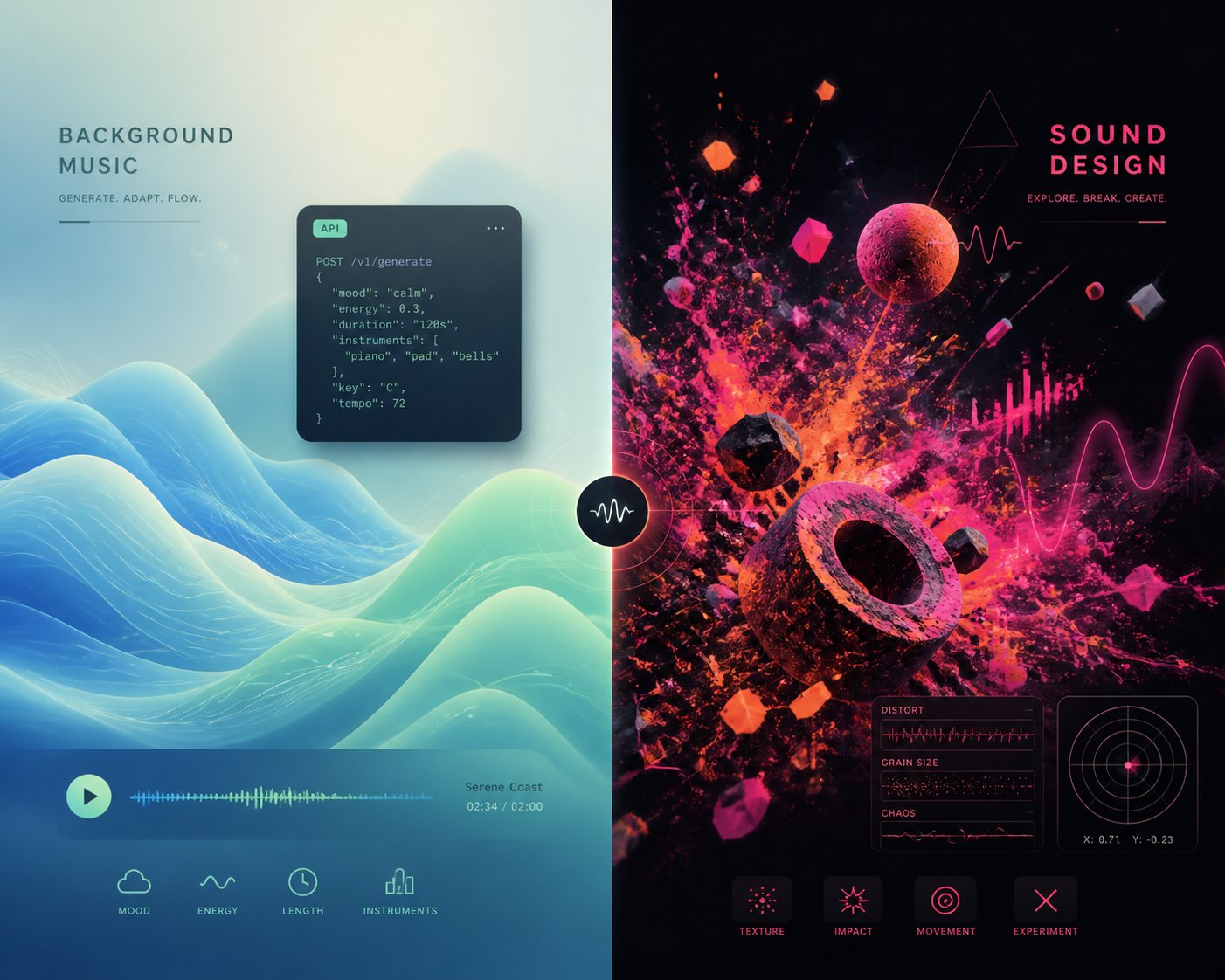 specialized ai music tools serving different needs %E2%80%94 scalable background audio versus experimental sound design