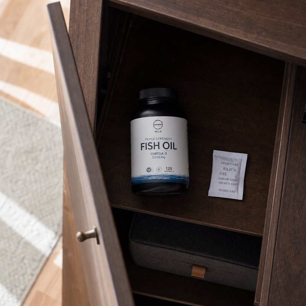 storing fish oil in a cool dark cabinet away from heat and humidity helps maintain omega 3 potency throughout the product's shelf life