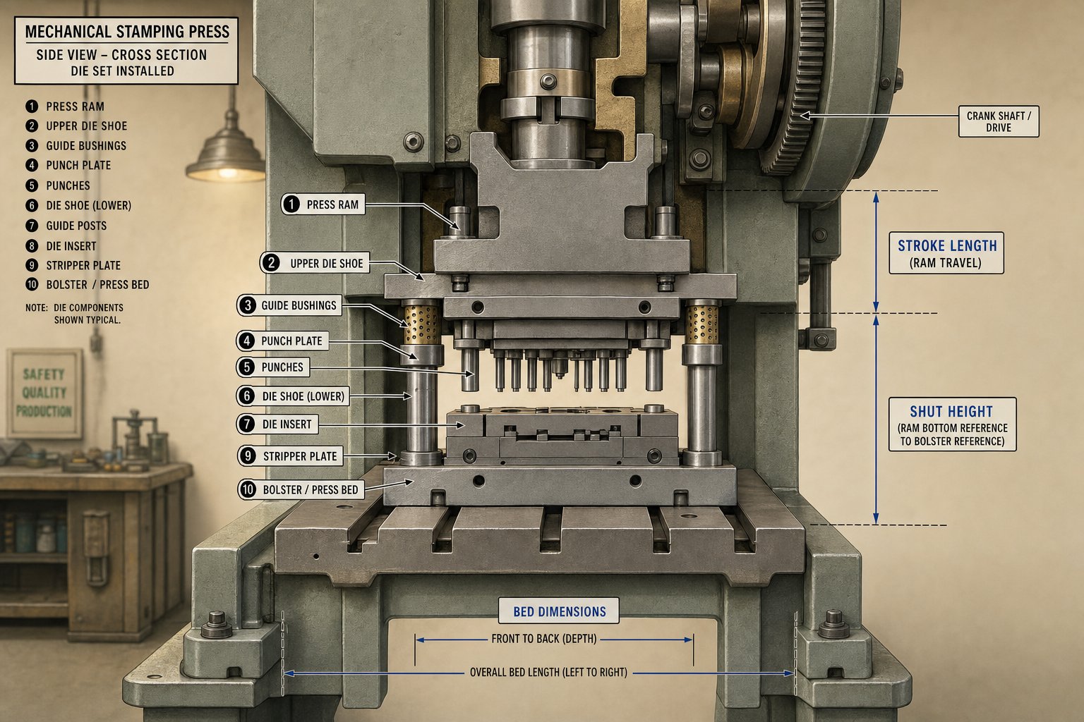 info-1-1 cross section showing how a die set fits within press dimensions including shut height and bed area