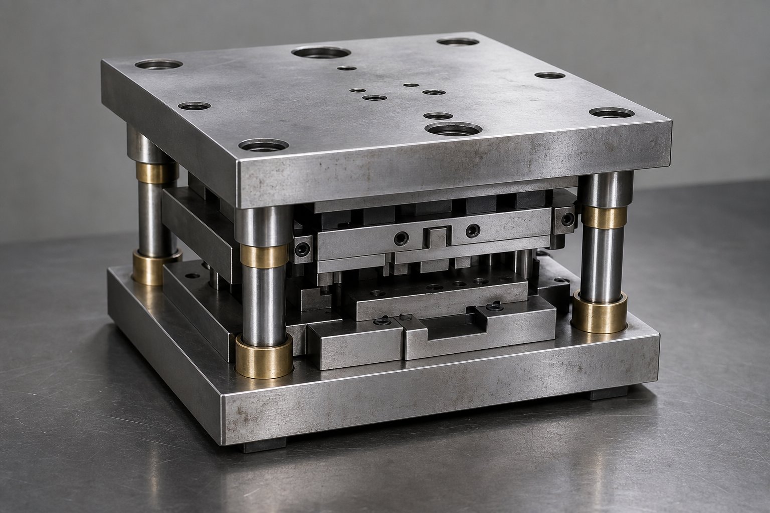 info-1-1 precision stamping die set assembly showing upper and lower die shoes with guide pins and bushings