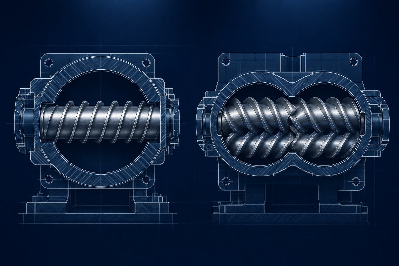 cross section comparison of single screw and twin screw extruder barrel configurations