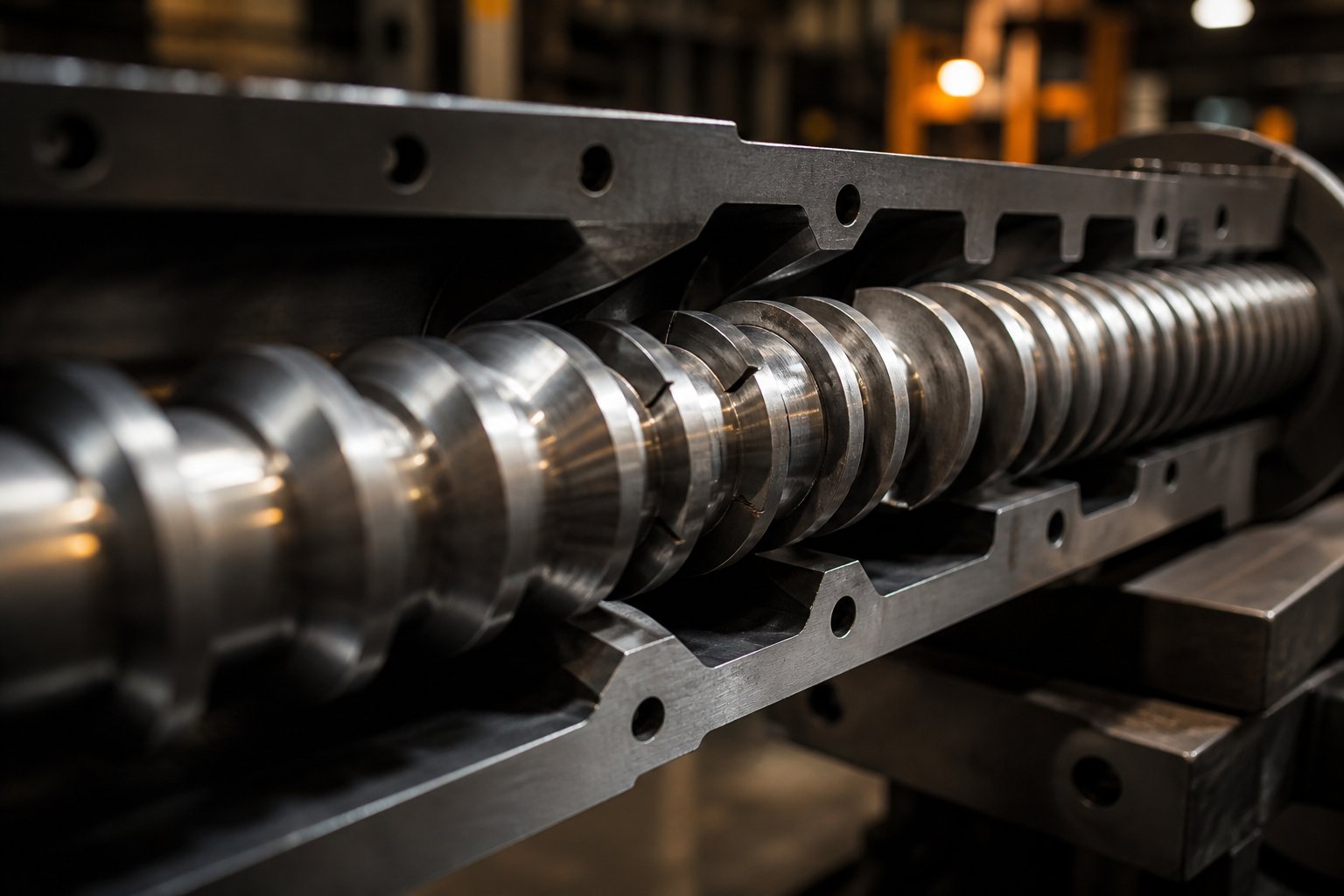 precision machined extruder screw showing helical flights and varying channel depths across its functional zones