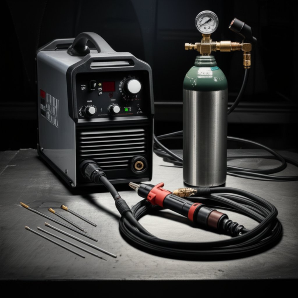 essential tig welding equipment for aluminum organized on a workbench