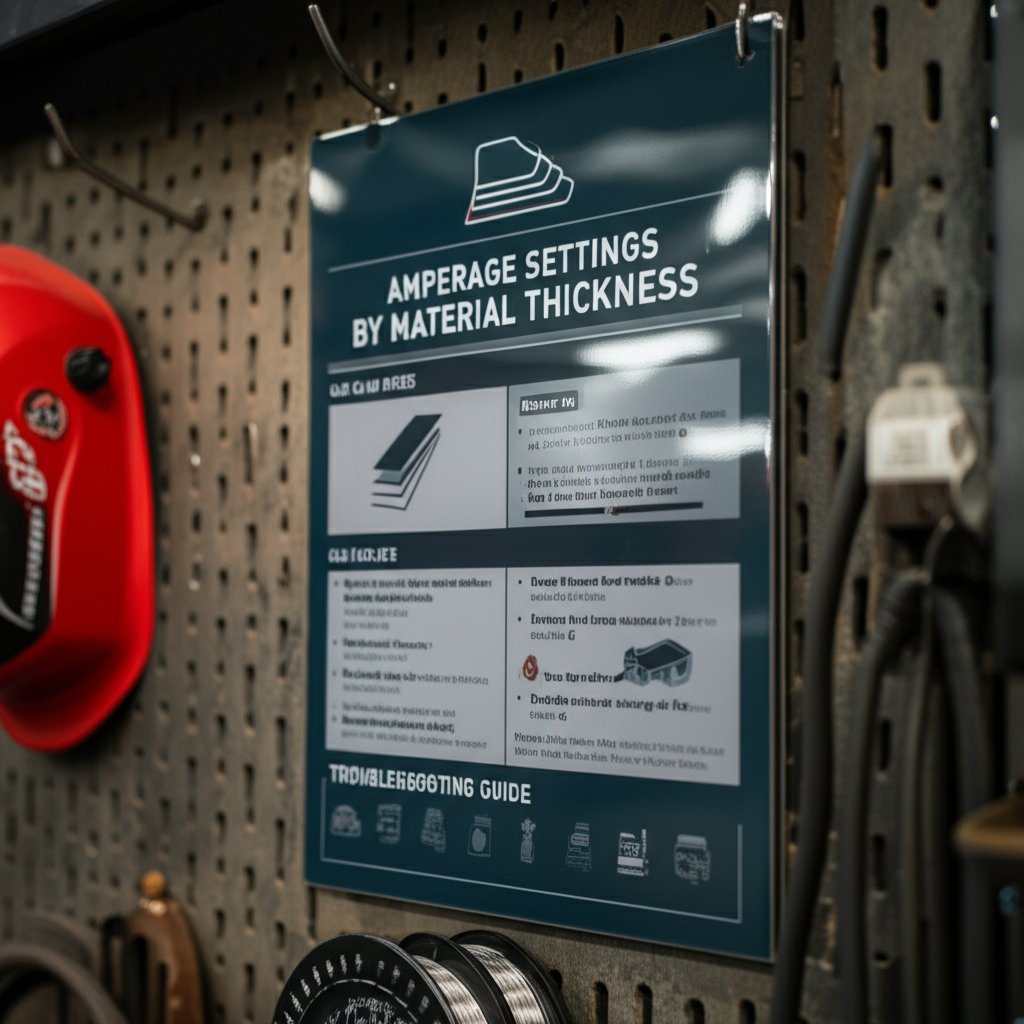 quick reference tig welding chart displayed near a workshop welding booth