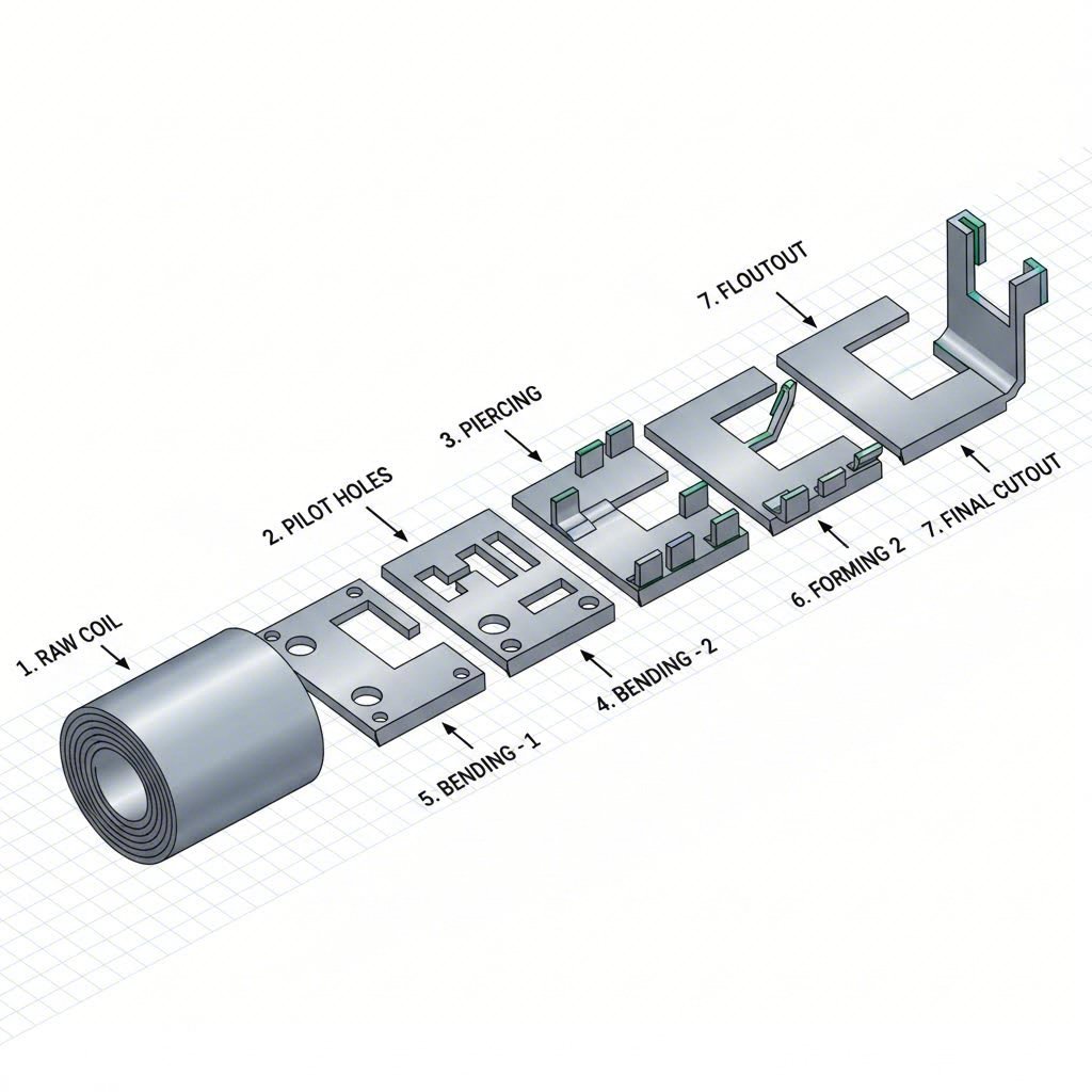 Progressive die strip sequence for latch component manufacturing