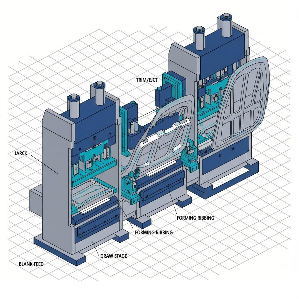 Transfer die stamping process for hood inner panels
