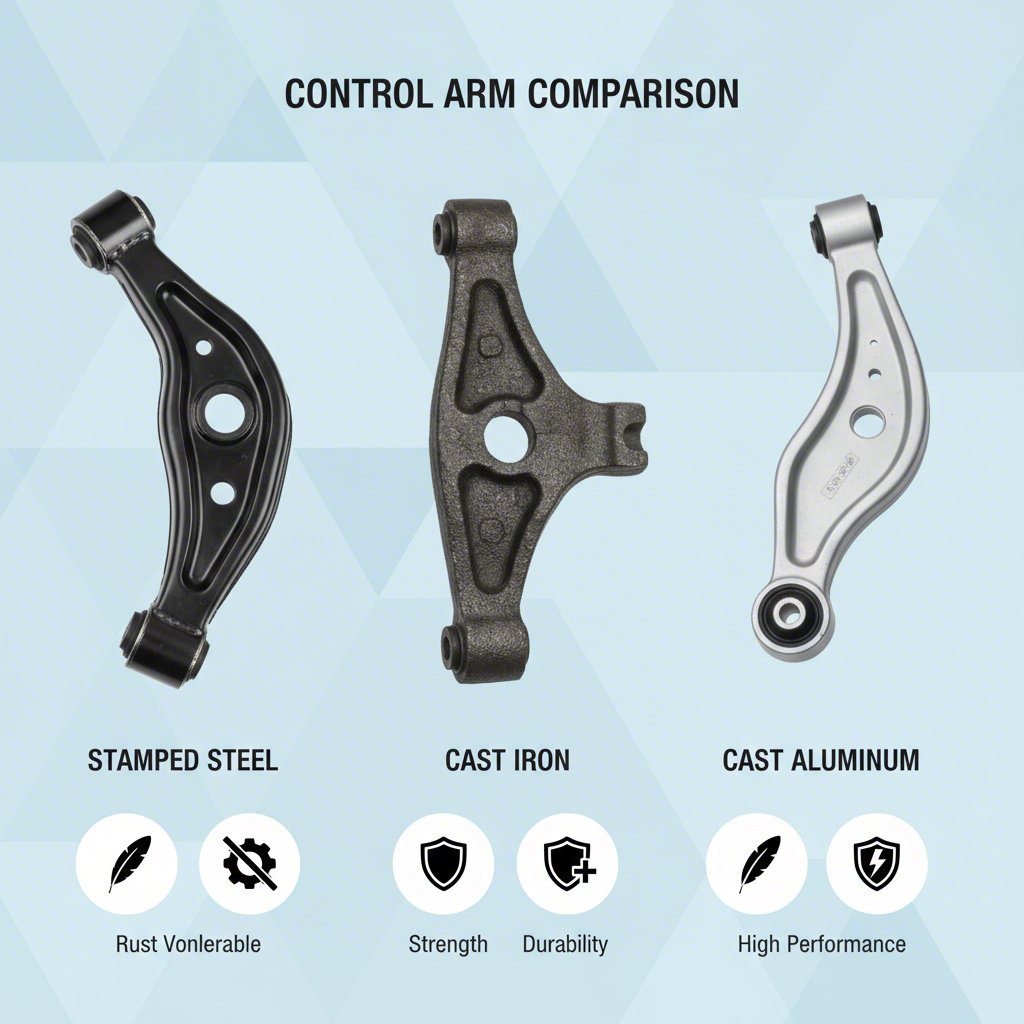 visual comparison of stamped steel cast iron and cast aluminum control arms